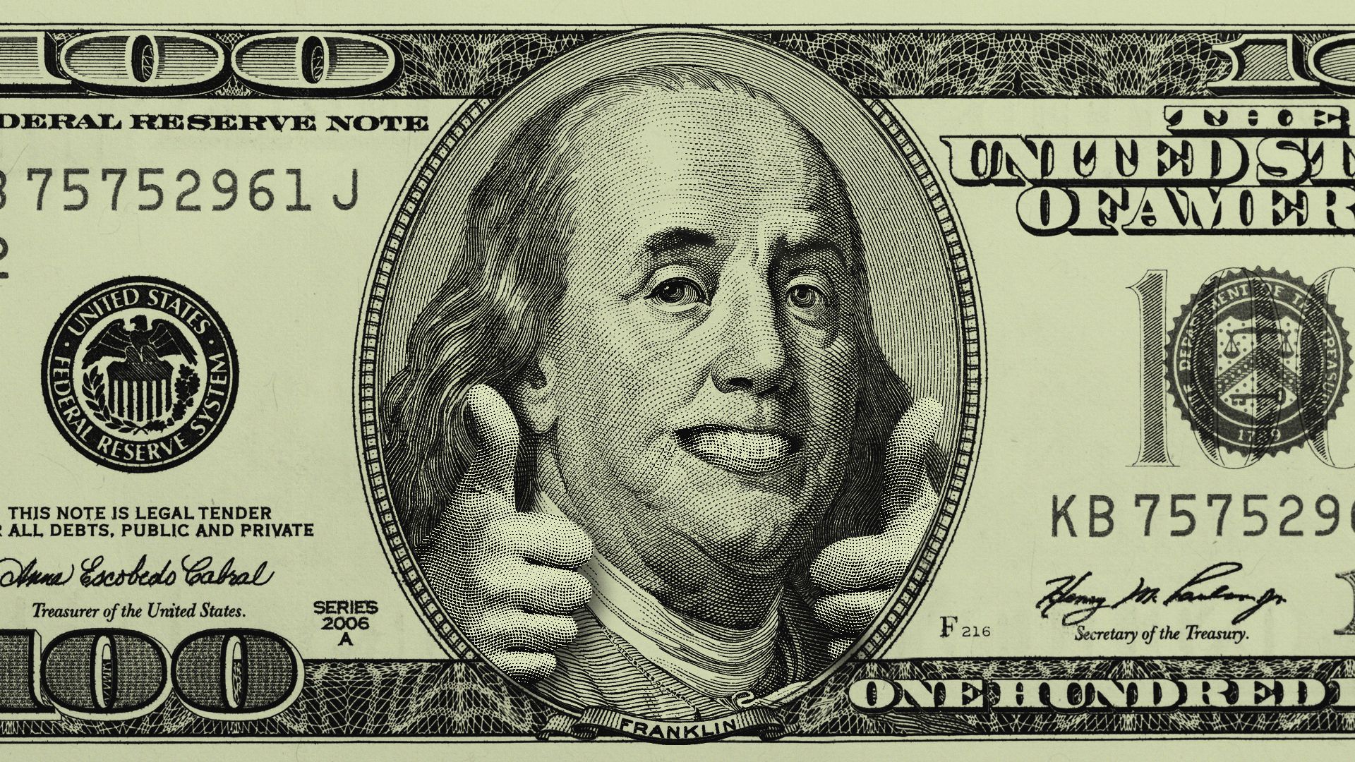 Illustration of Benjamin Franklin with two thumbs up and grimacing smile. 