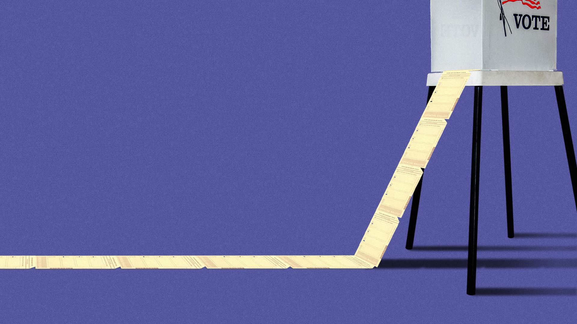 Illustration of a very long ballot coming out of a voting booth.