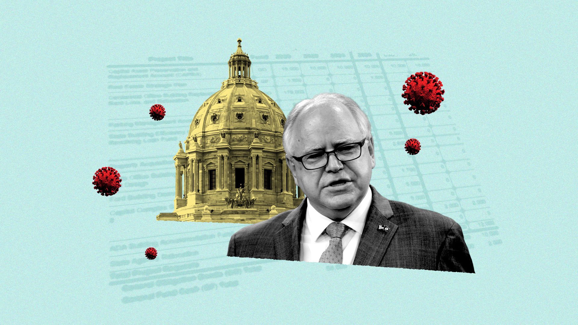 Photo illustration of Minnesota Governor Tim Walz, in a collage with the Minnesota State House and floating coronavirus molecules.
