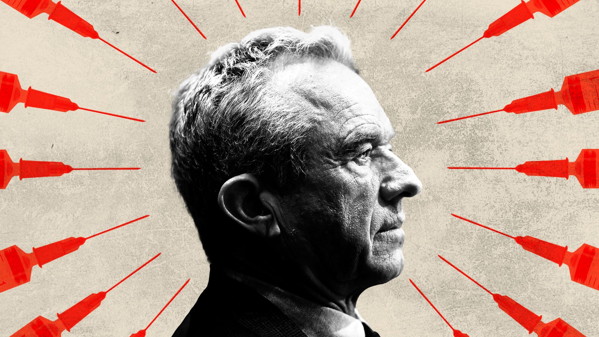 Photo illustration of Health and Human Services Secretary Robert Kennedy Jr. in profile surrounded by red syringes 