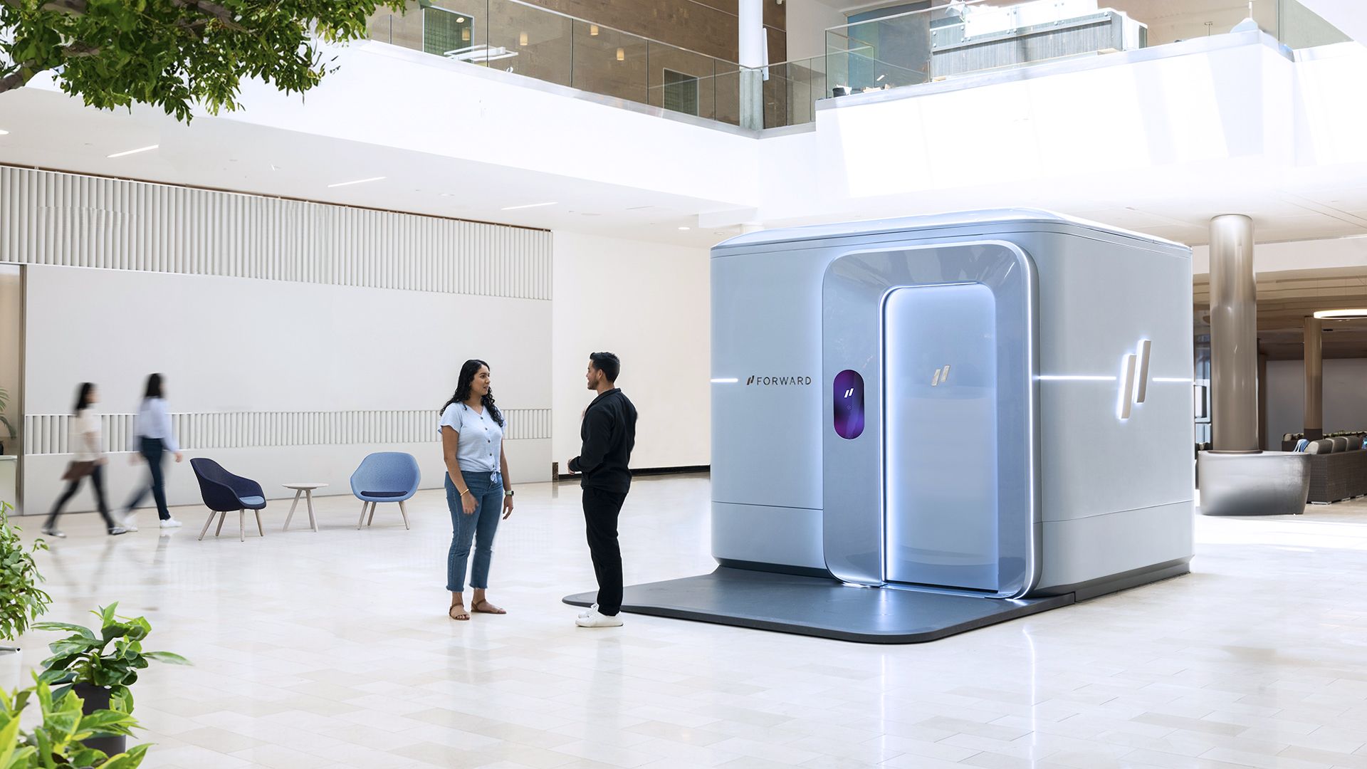 A freestanding walk-in "pod" that serves as a doctor's office, located in an indoor mall.