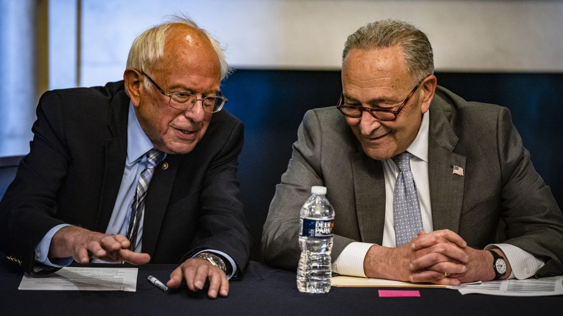 U.S. Senate Majority Leader Chuck Schumer (D-NY) and Committee Chairman Bernie Sanders (D-VT) holding a meeting with Senate Budget Committee Democrats