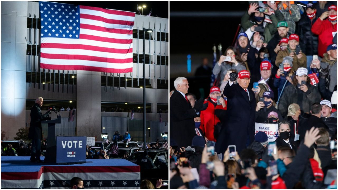 From left, combination images of Joe Biden holding a drive-in campaign rally at Heinz Field in Pittsburg and President Trump at a packed rally in Grand Rapids, Michigan