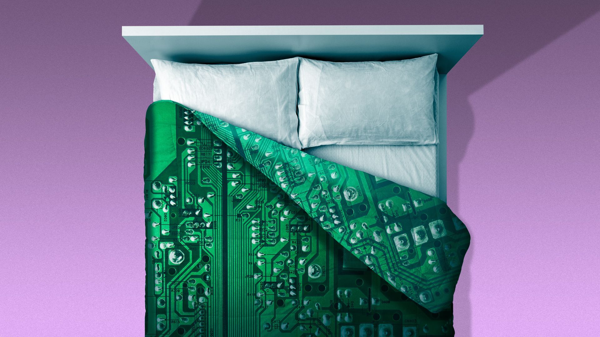 Illustration of a bed with a computer chip comforter 