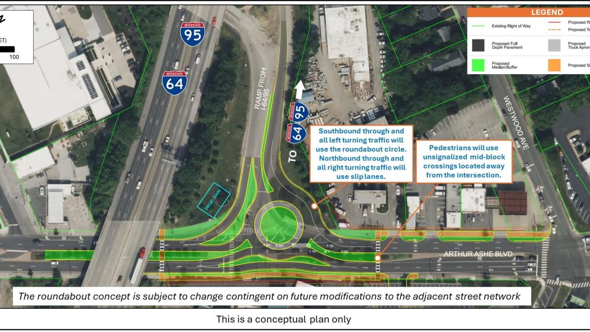 a drawing of a possible roundabout on Arthur Ashe 