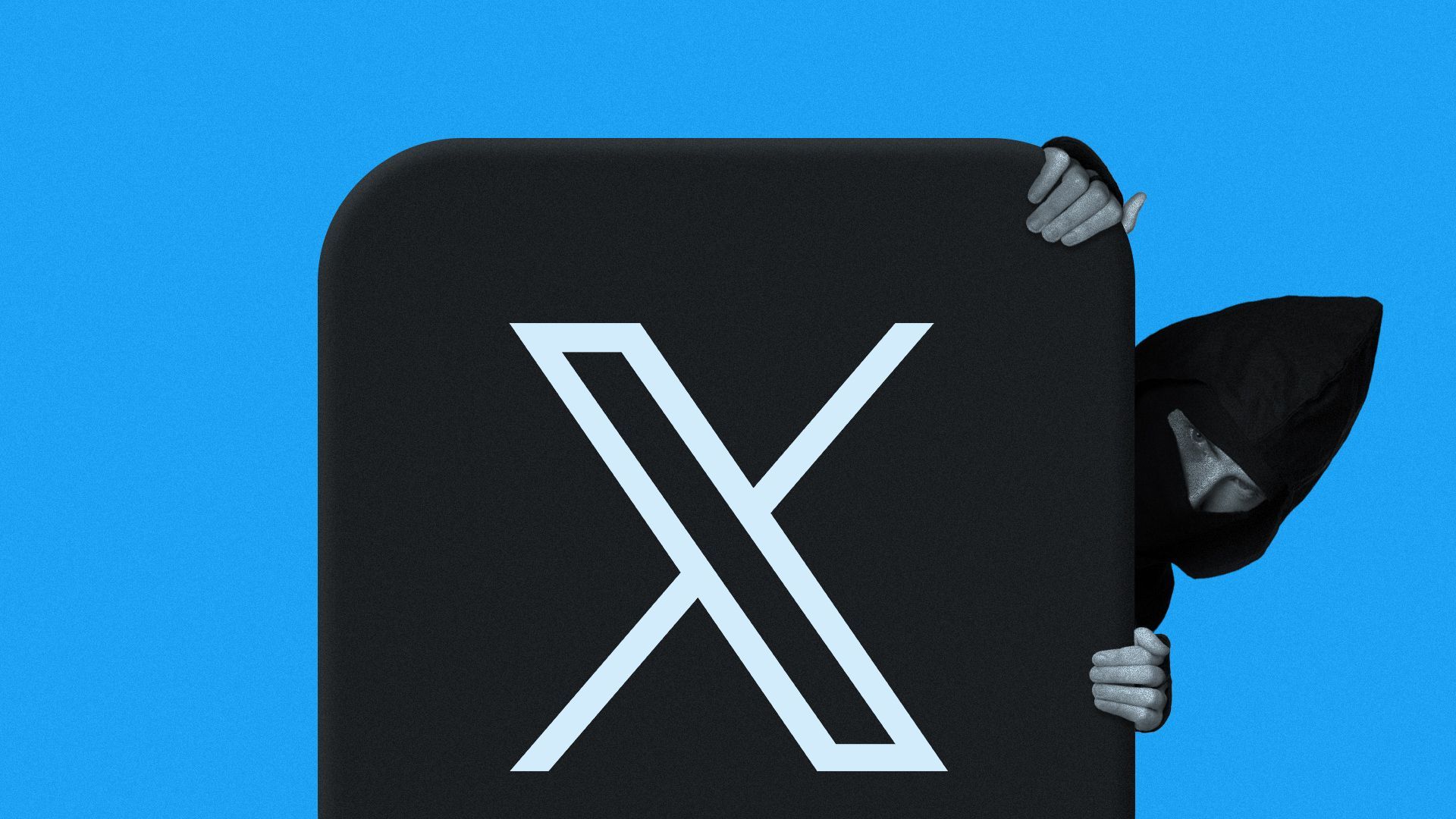 Illustration of an anonymous hooded figure peeking out from behind an X app icon.