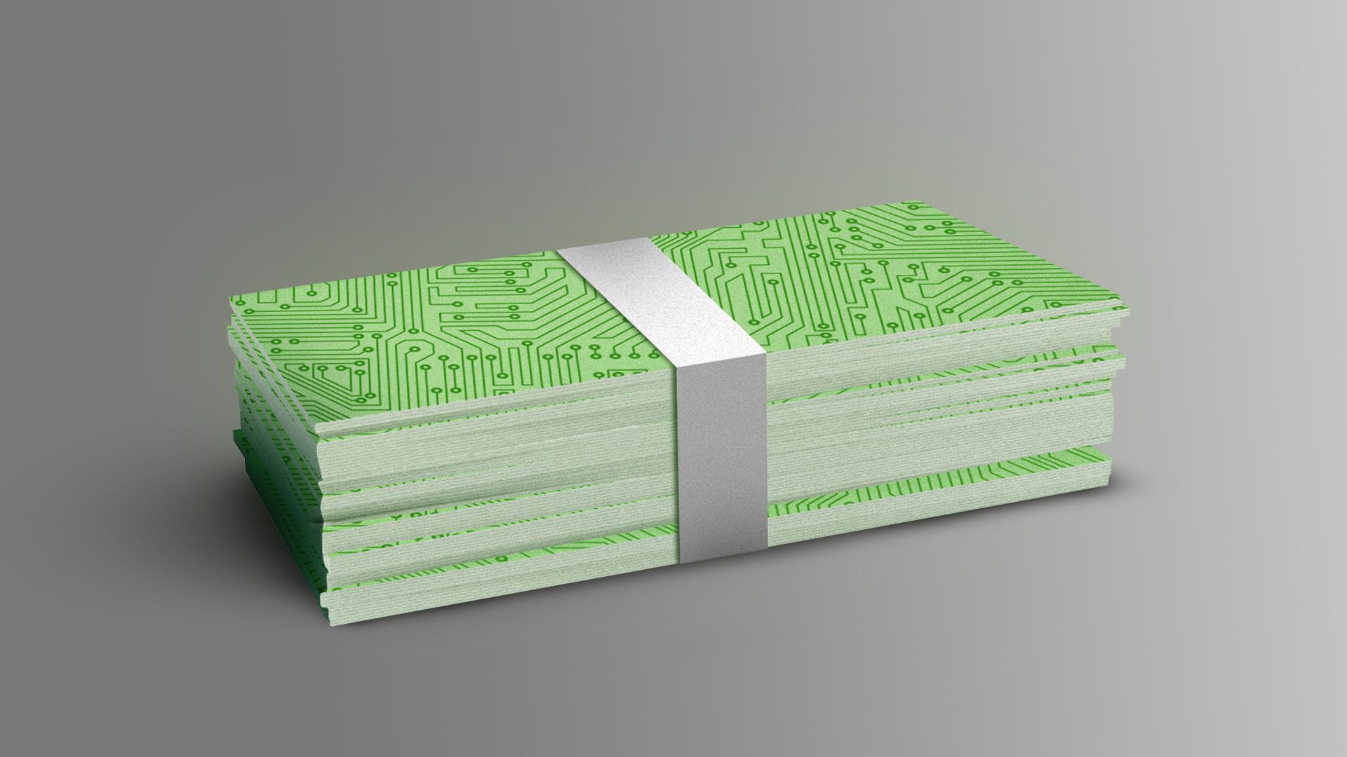 Illustration of a stack of bill panels with a circuit design on the front, a digital currency.