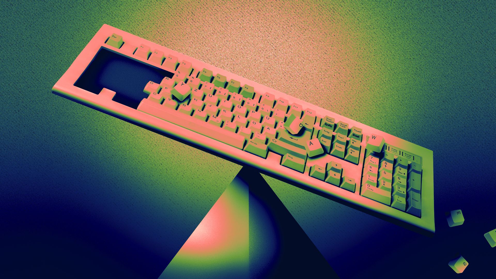 Illustration of a keyboard with keys breaking and falling off balanced on a pyramid shape