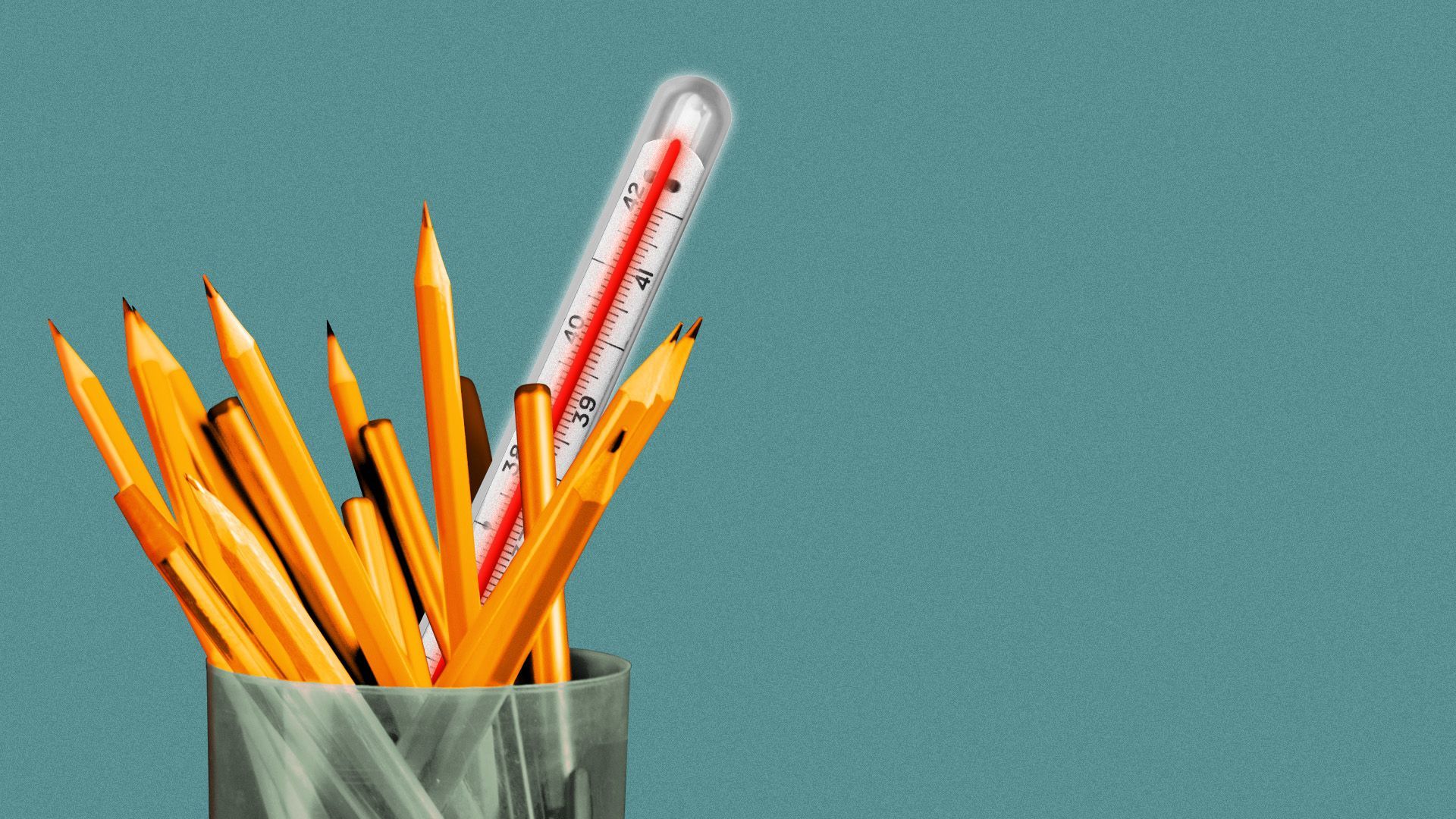 Illustration of a pencil cup filled with pens and pencils and a mercury thermometer