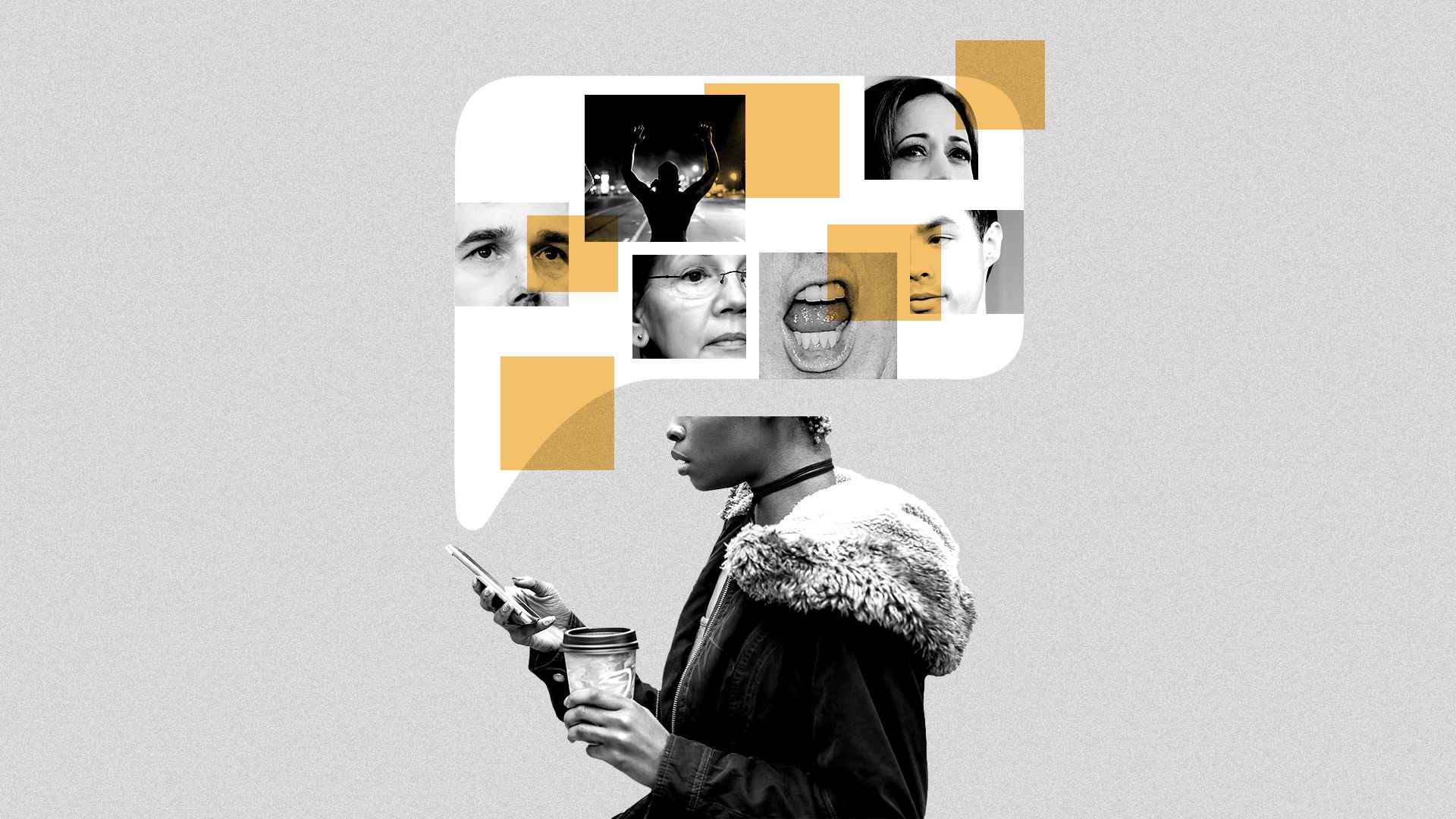 llustrated collage involving a young black millennial looking at her phone, images of President Trump and 2020 Democratic candidates are floating above her.