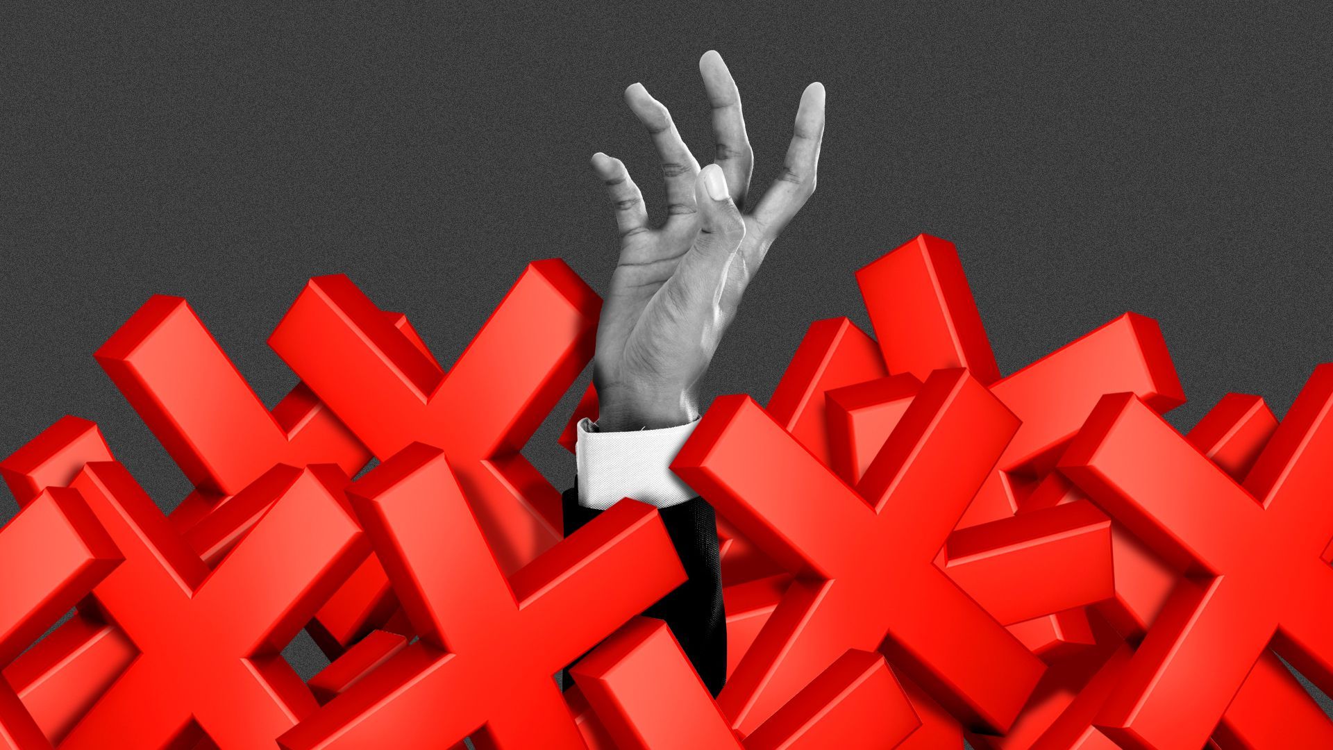 Illustration of a hand in a suit reaching out from a pile of red x's