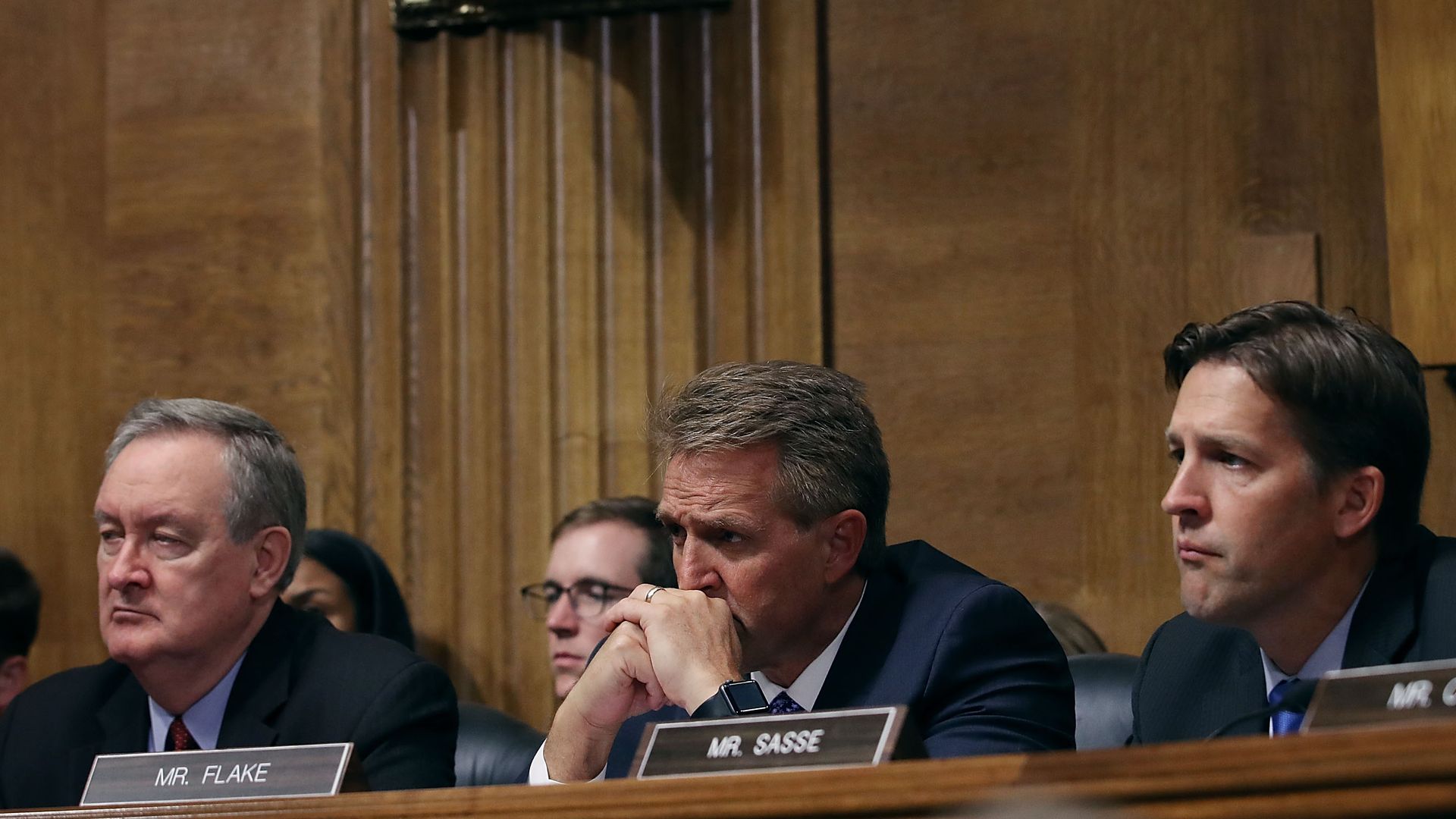 Senate Judiciary Committee members (L-R) Sen. Mike Crapo (R-ID), Sen. Jeff Flake (R-AZ) (L) and Sen. Ben Sasse (R-NE)