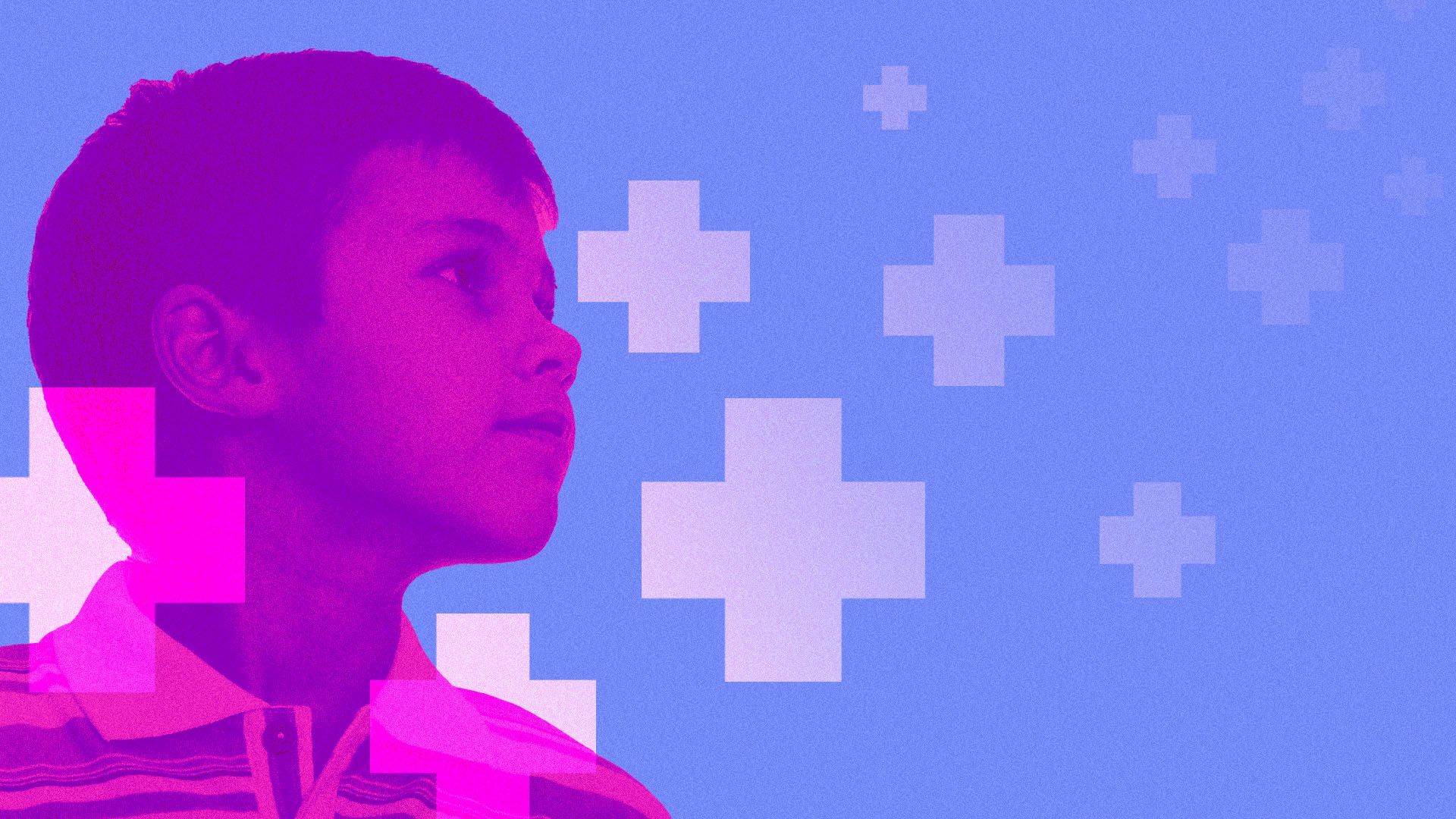 Illustration of a child surrounded by medical crosses receding into the distance