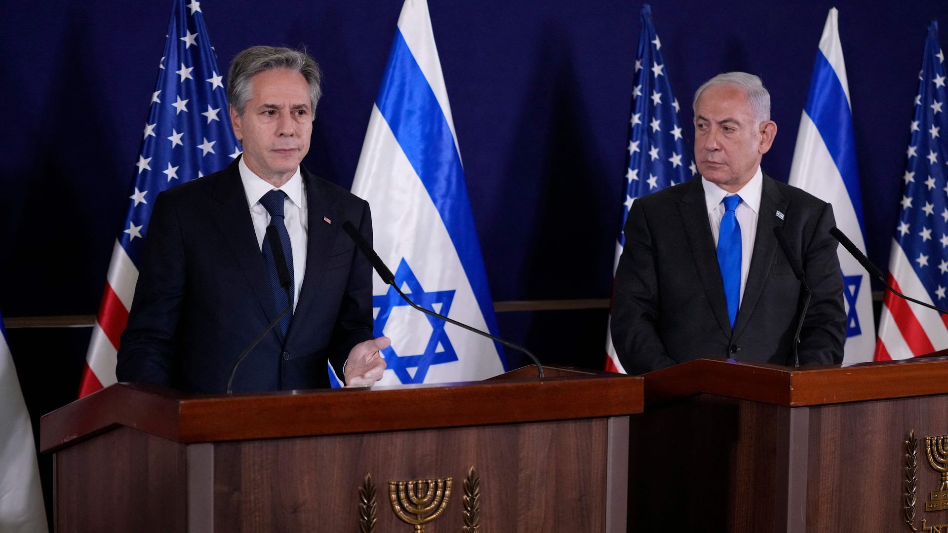 Secretary of State Tony Blinken and Israeli Prime Minister Benjamin Netanyahu after their meeting in Tel Aviv on Oct. 12. Photo: Jacquelyn Martin/AFP via Getty Images