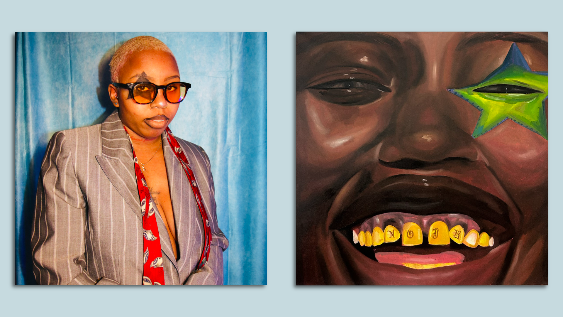 A portrait of the artist in a blazer on the left. On the right a portrait shows a person smiling with teeth showing, and a star over their eye.