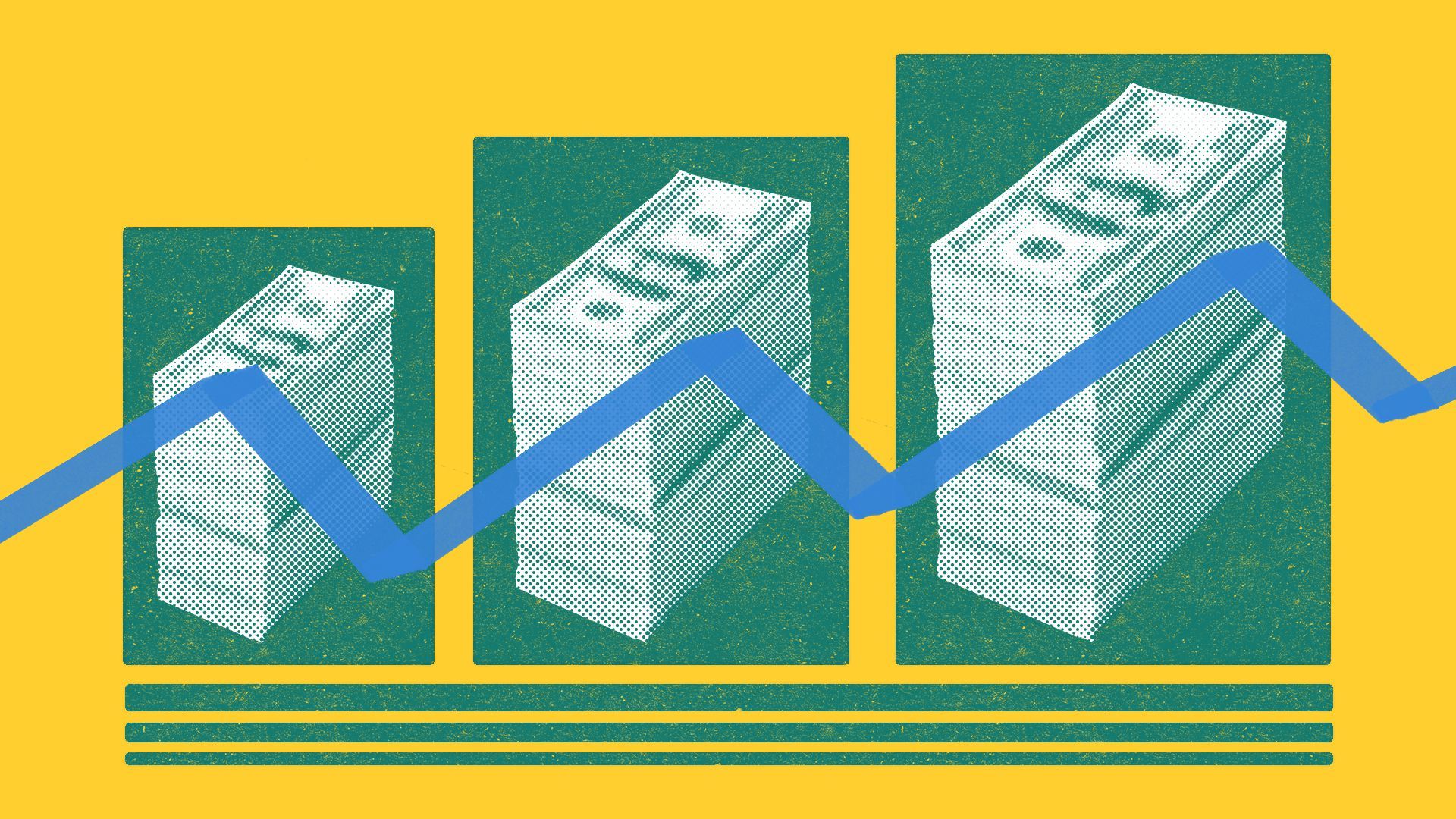 Illustration of a stack of cash repeated three times, over green shapes and a blue zigzag line.