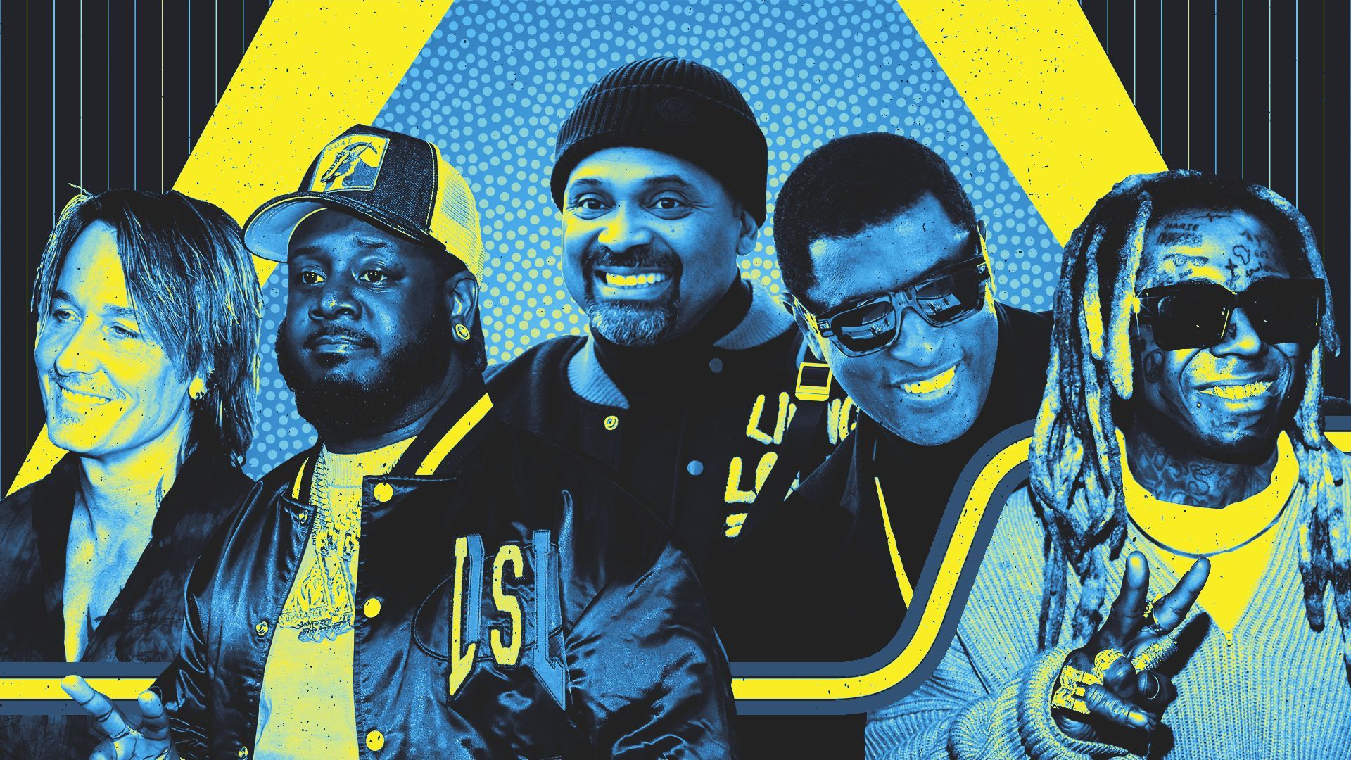 Photo illustration of a collage featuring Keith Urban, T-Pain, Mike Epps, Babyface and Lil Wayne with elements of old Pacers uniforms and a basketball grip pattern.