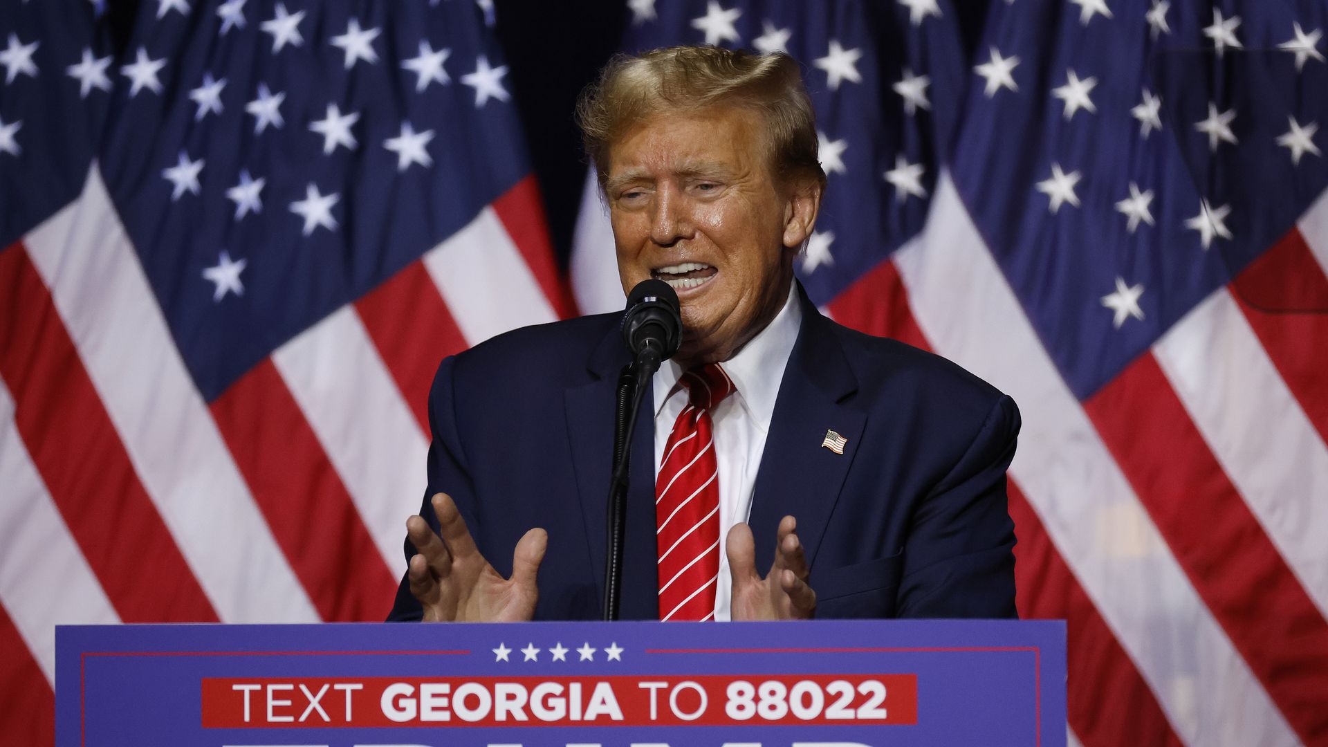 Republican presidential candidate and former U.S. President Donald Trump addresses a campaign rally at the Forum River Center March 09, 2024 in Rome, Georgia. 
