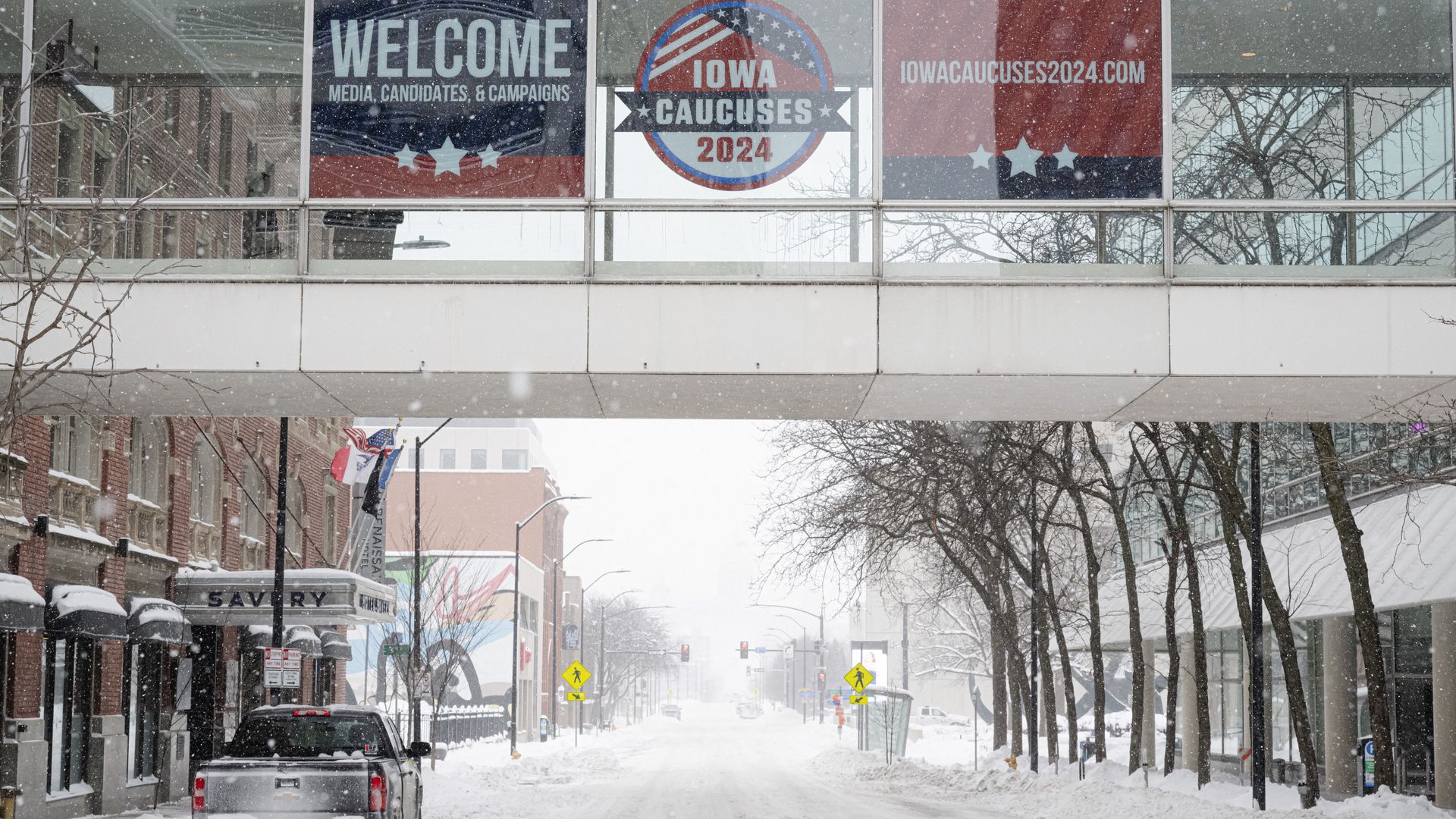  Signage ahead of the Iowa caucus in Des Moines, Iowa, US, on Friday, Jan. 12, 2024.