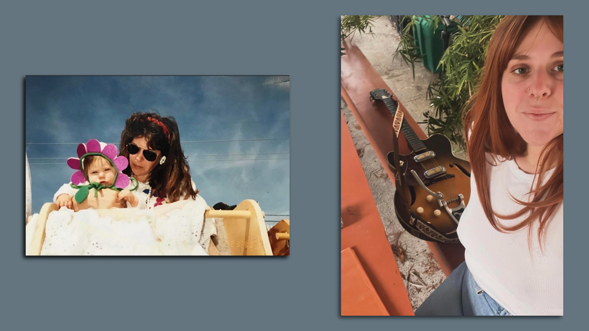 A side-by-side pair of photographs. On the left, a young girl wearing a flower headband sits at the top of a parade ladder with her mother looking over her shoulder, and on the right, a woman half-smiles in a selfie with a guitar on a bench next to her.