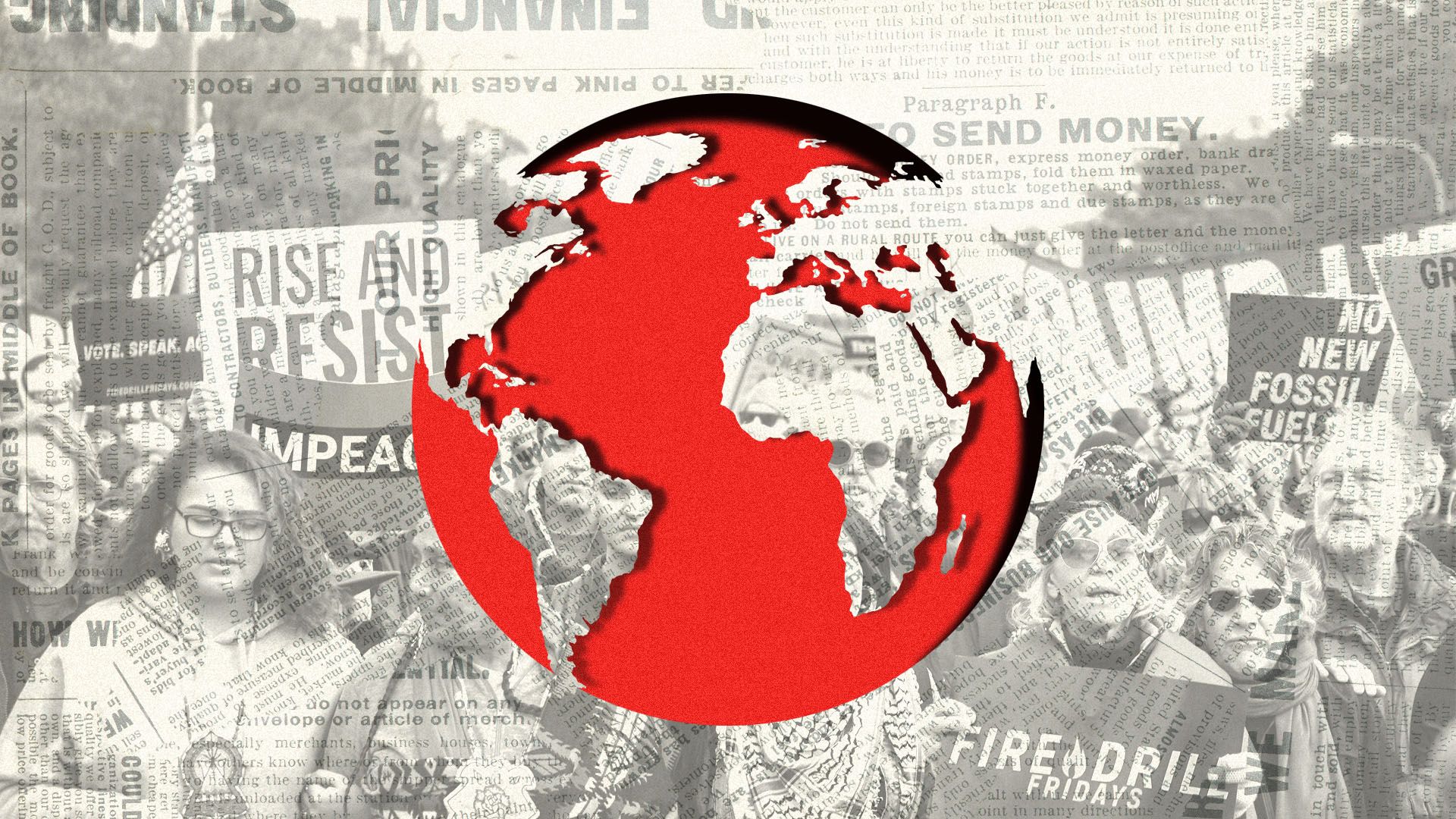 A photo collage of climate protests with a red earth in the middle