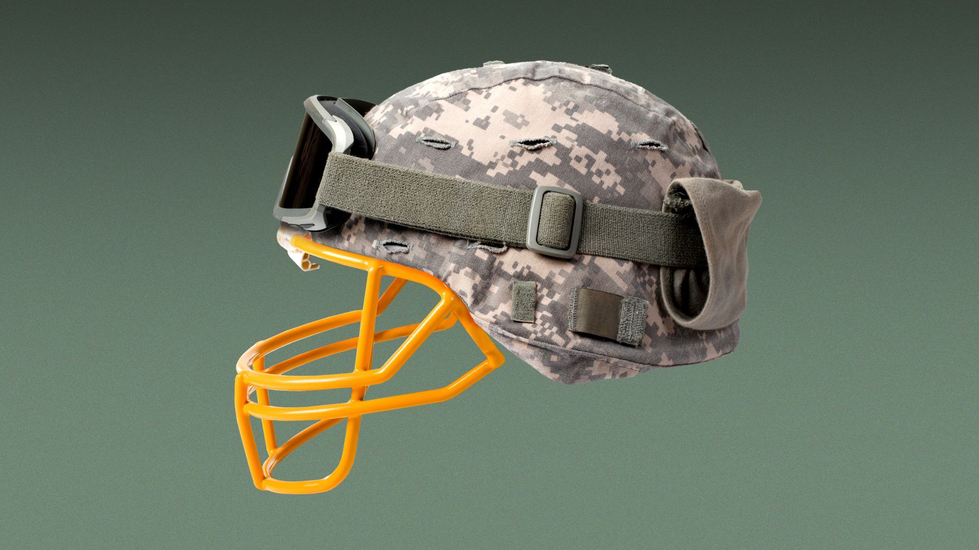 Illustration of a helmet made with a combination of a military helmet and a football helmet's face guard 