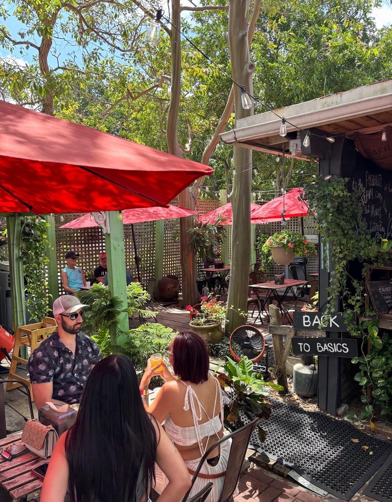 Garden area where people sitting under red umbrellas and the trees behind the Alchemist Café.