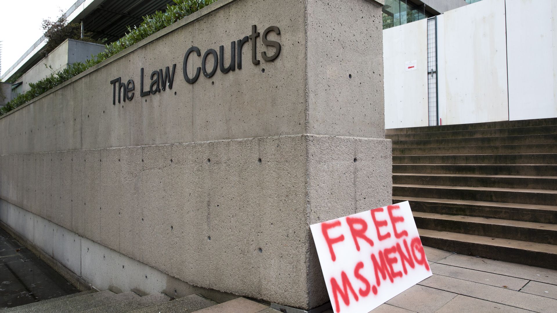 A sign calling for the release of Huawei Technologies Chief Financial Officer Meng Wanzhou is seen outside at British Columbia Superior Courts following her December 1 arrest in Canada