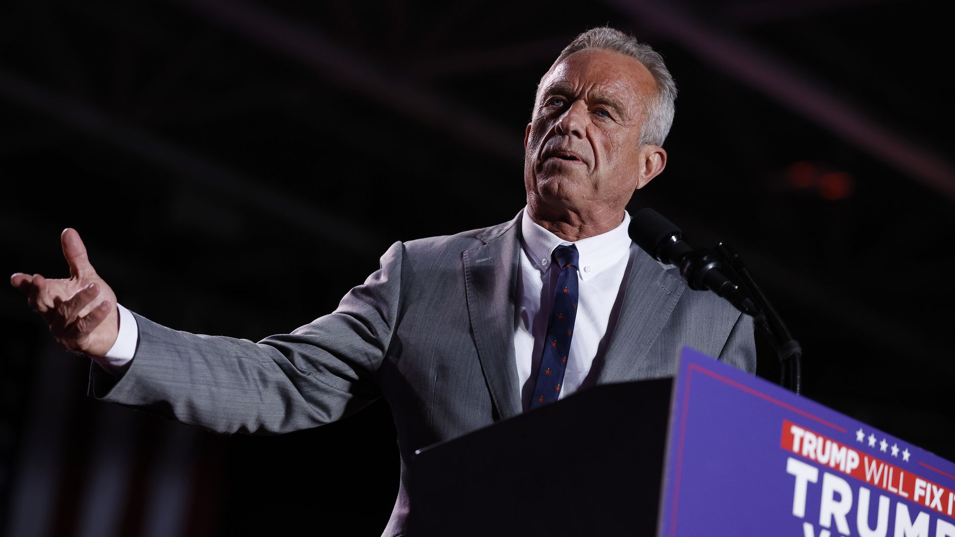 Robert F. Kennedy Jr. speaks during a campaign rally for Republican presidential nominee, former President Donald Trump at Macomb Community College on November 01, 2024 in Warren, Michigan. 