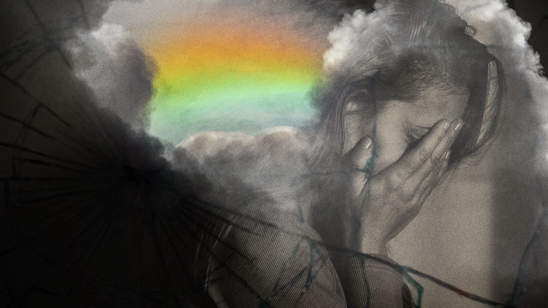 Photo illustration collage of an upset young person with a rainbow and shattered glass surrounding them.