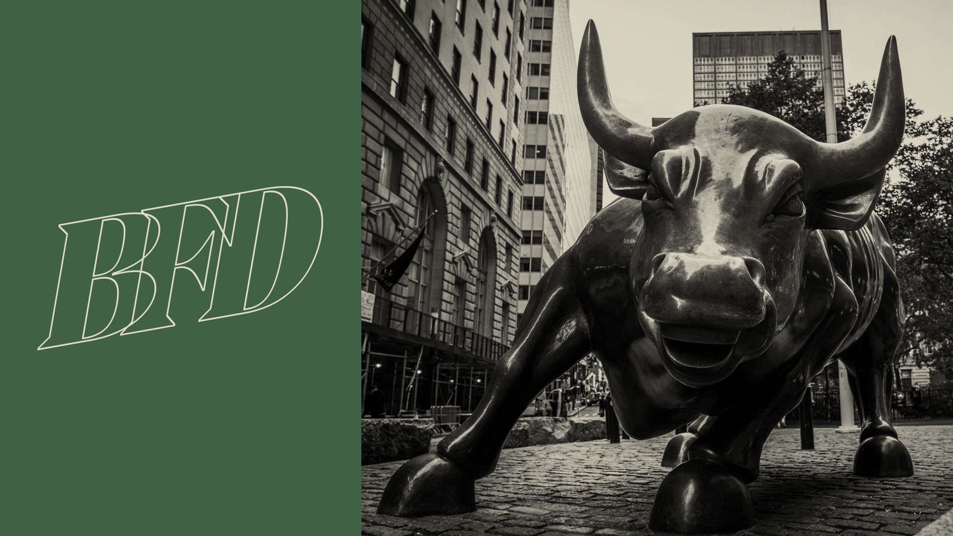 Visual of the BFD logo next to a photo of the bronze 'Charging Bull' sculpture