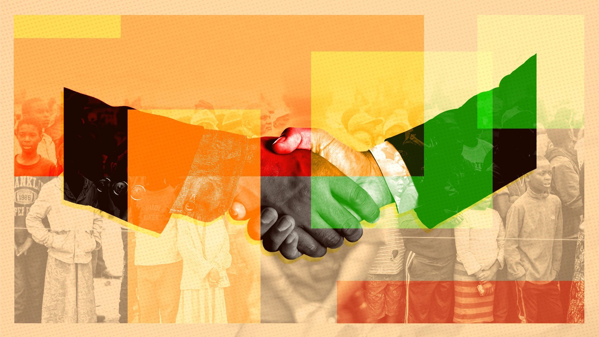 Photo illustration of a two hands shaking in front of a group of Zambian people surrounded by various shapes
