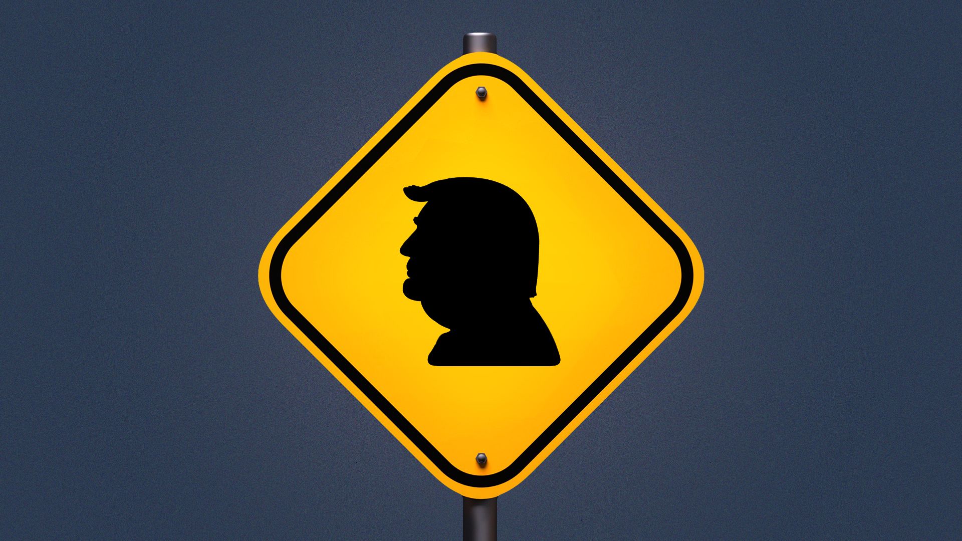 Illustration of a caution sign with the silhouette of Trump on it.