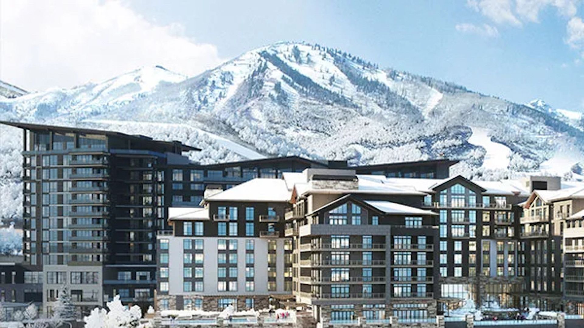 A rendering of hotels in front of a snowy mountain.
