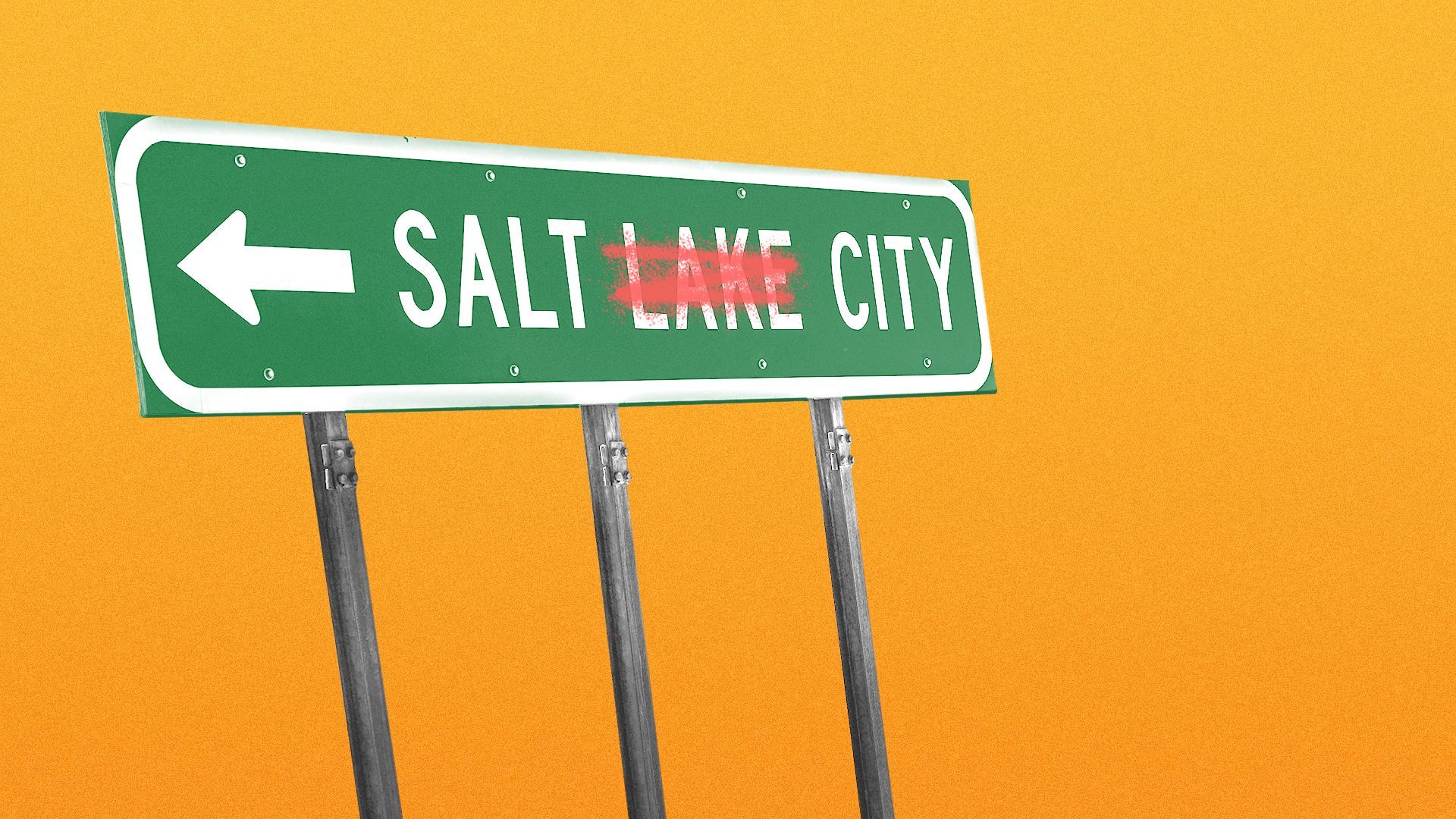Illustration of a highway sign reading Salt Lake City with the word Lake crossed out in spraypaint.