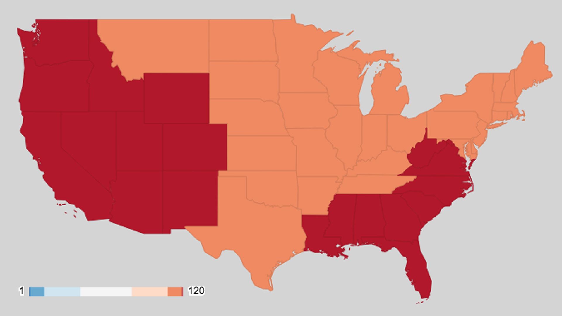 Temperature rankings for the U.S. during the past 48 months, showing extensive, record warmth.