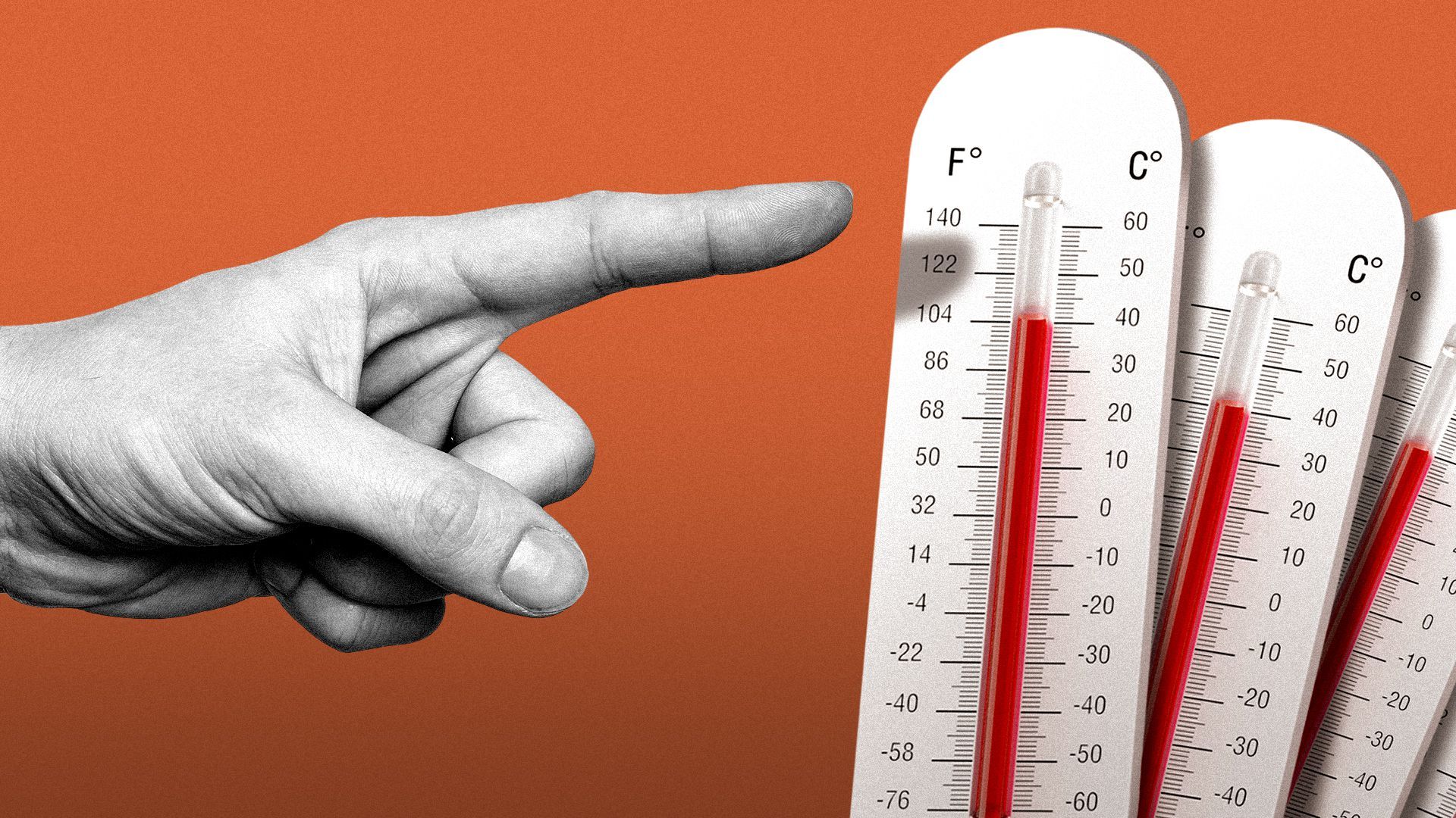 Illustration of a hand tipping over a stack of thermometers.