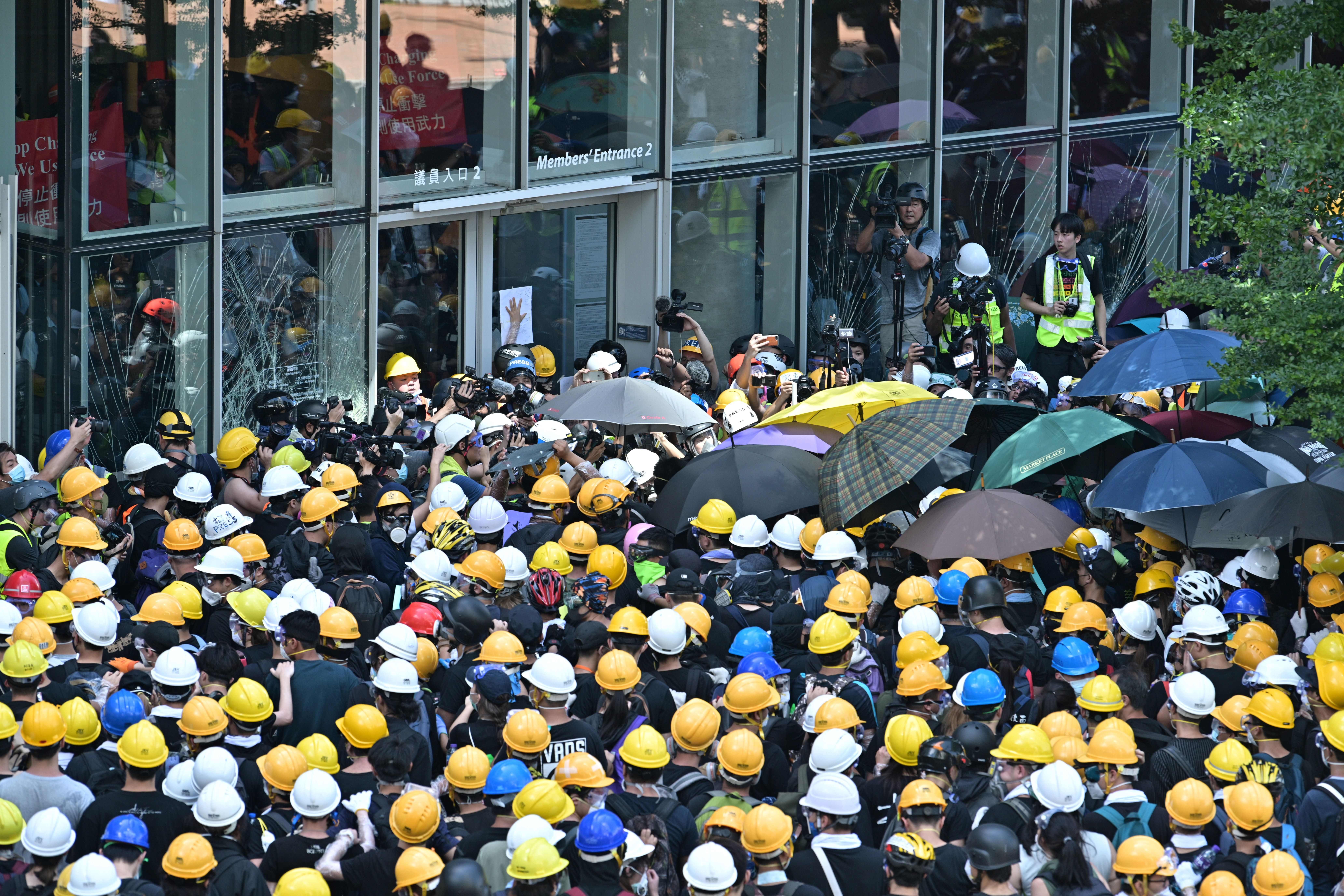 Protesters gather outside the government headquarters in Hong Kong.