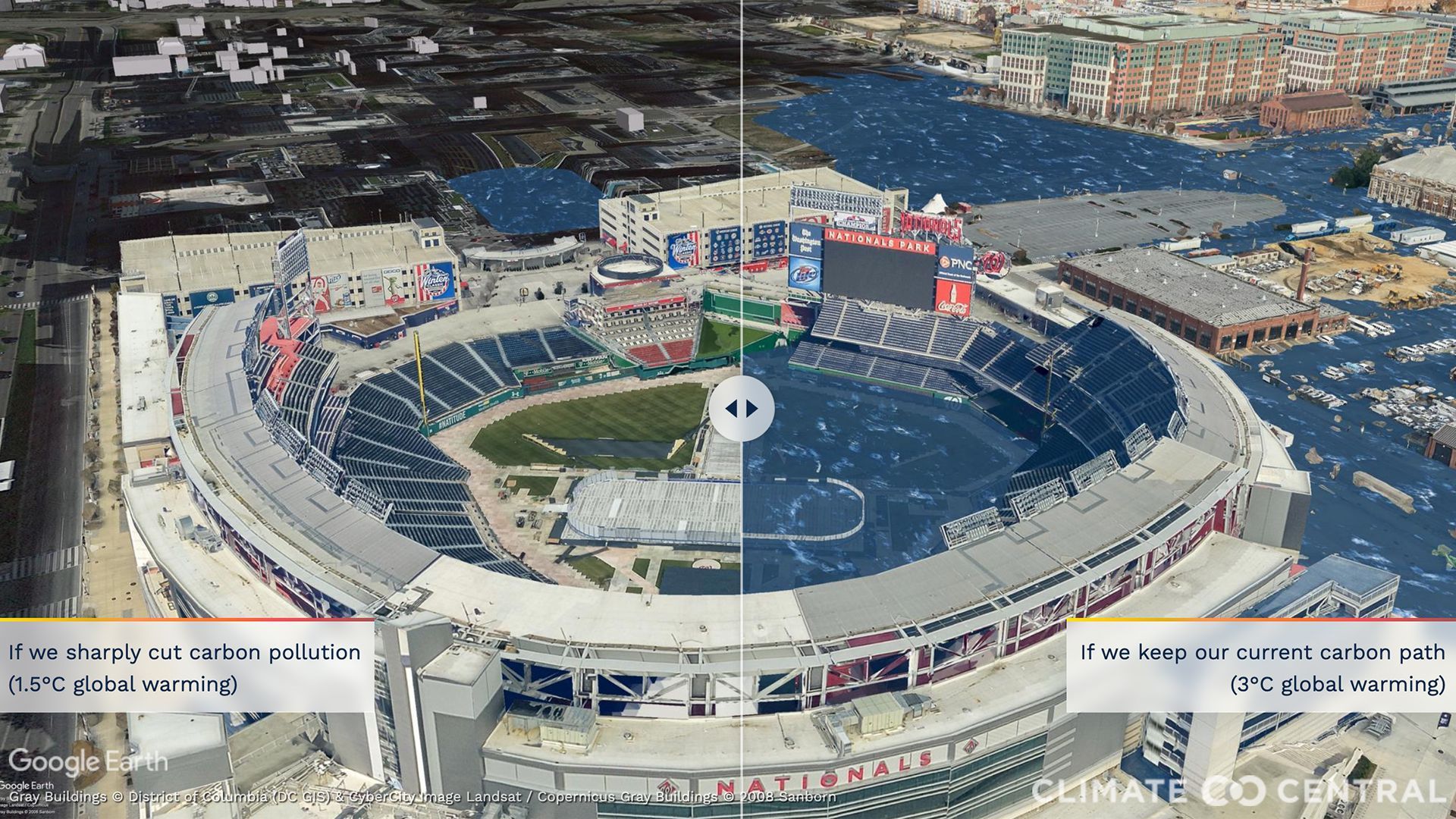 Still images from an interactive slider comparing Washington Nationals Stadium's future with steep emissions cuts with our current carbon path. 