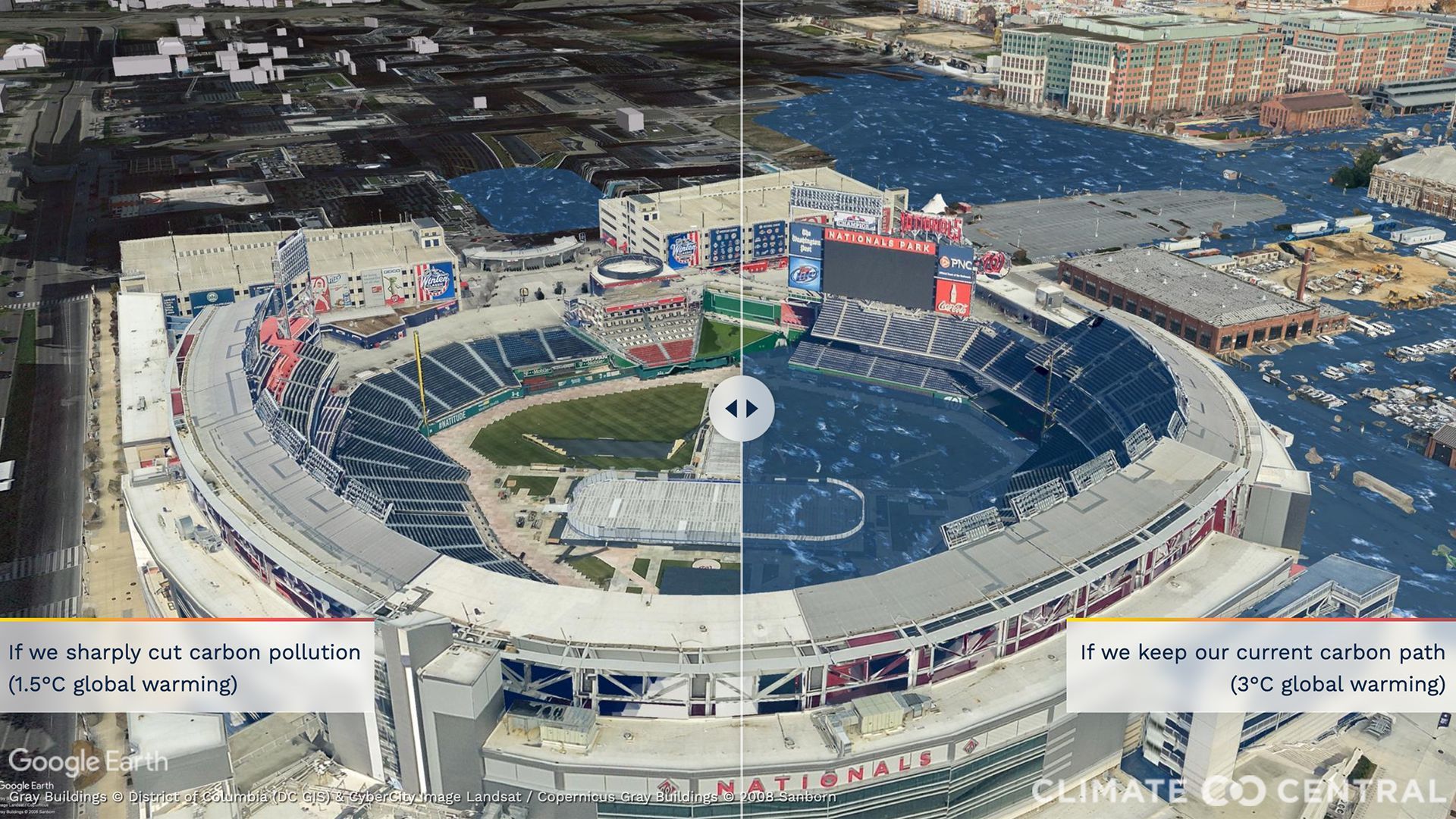 Still images from an interactive slider comparing Washington Nationals Stadium's future with steep emissions cuts with our current carbon path.