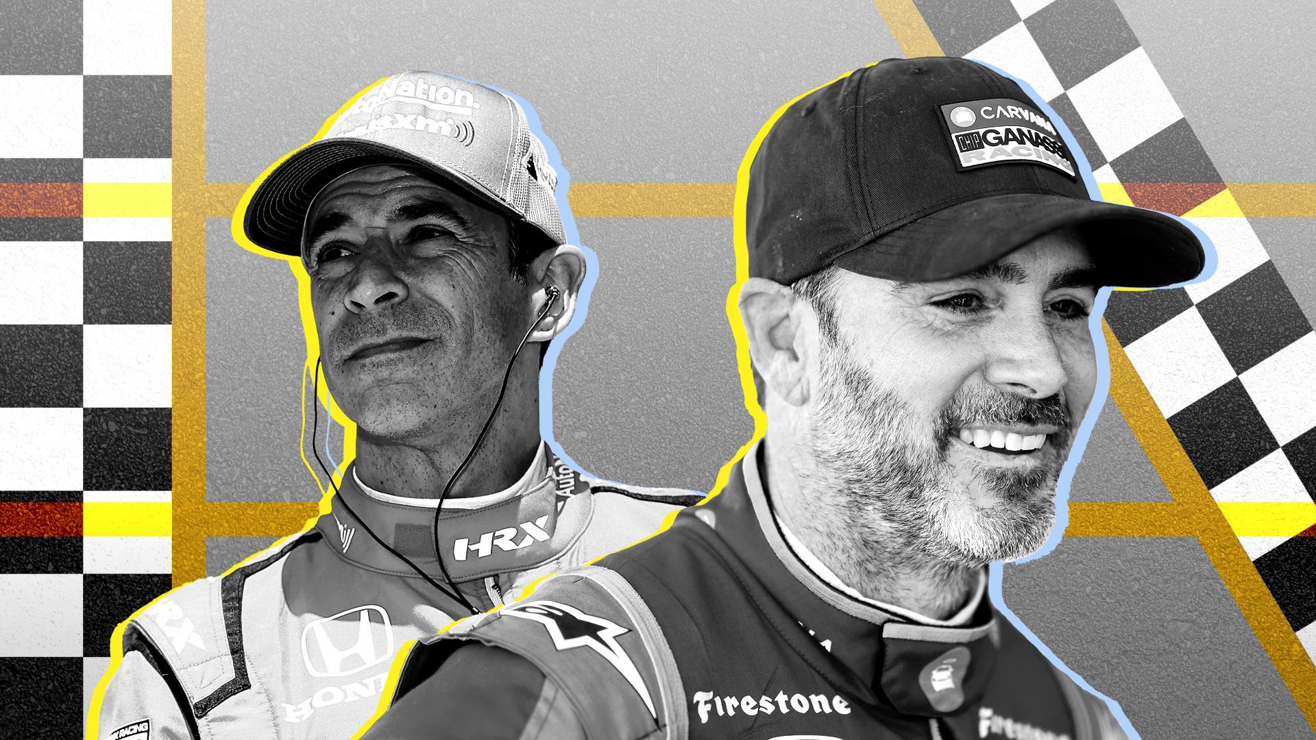 Photo illustration of Jimmie Johnson and Helio Castroneves with pavement and racing symbols in the background