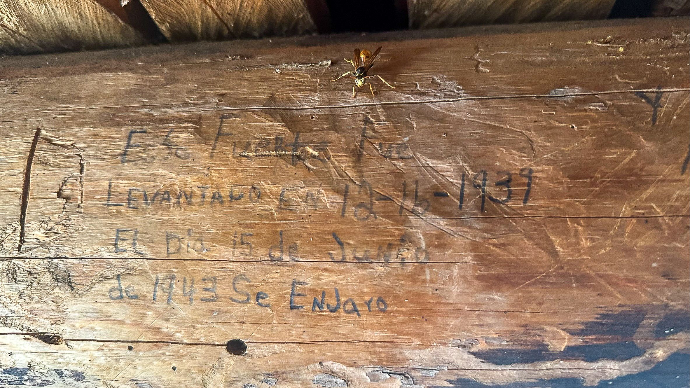 Moises Morales Jr., a rancher in Canjilon, New Mexico, shows the markings his grandfather made in a cabin he built in the 1930s in the Carson National Forest. Photo: Russell Contreras/Axios