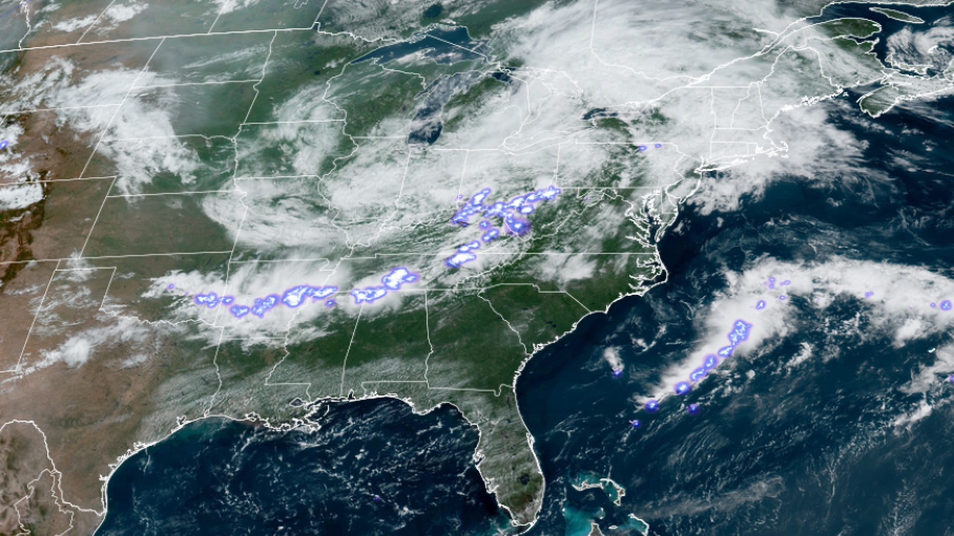 A satellite image showing thunderstorms with lightning flashes across the Eastern U.S. on Aug. 7.