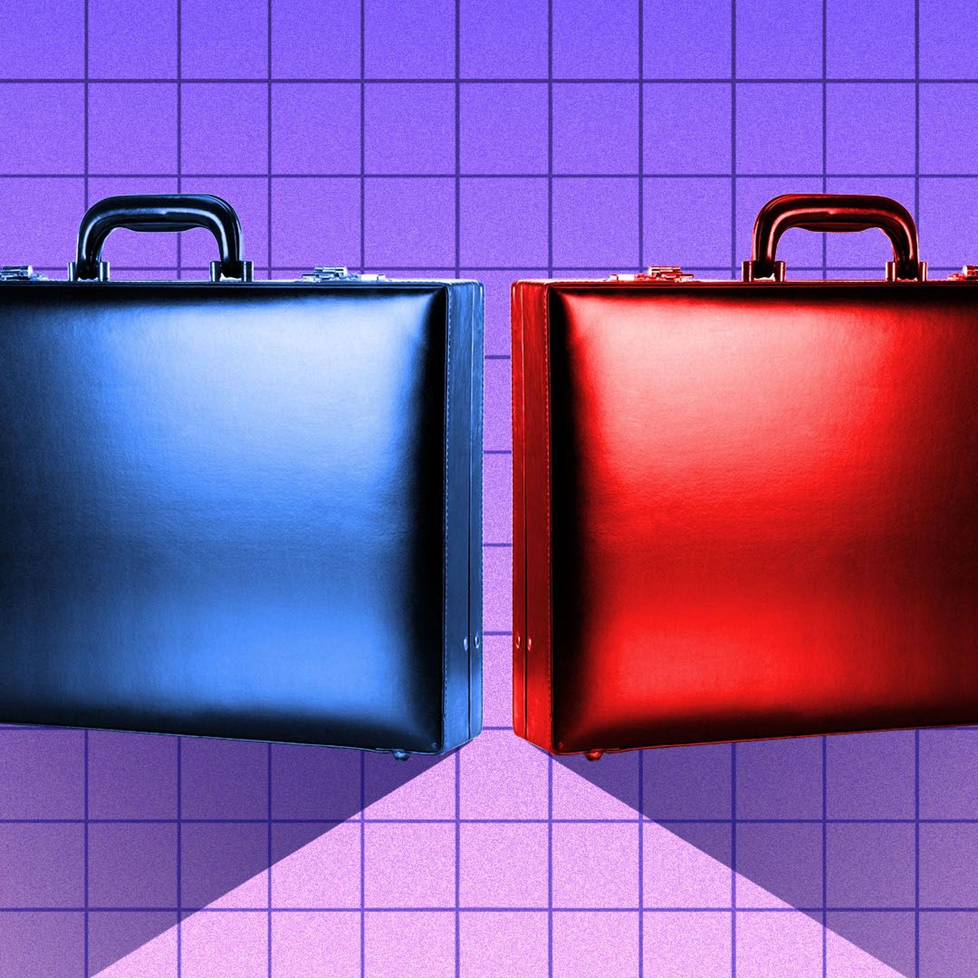 Illustration of two different colored briefcases on a grid