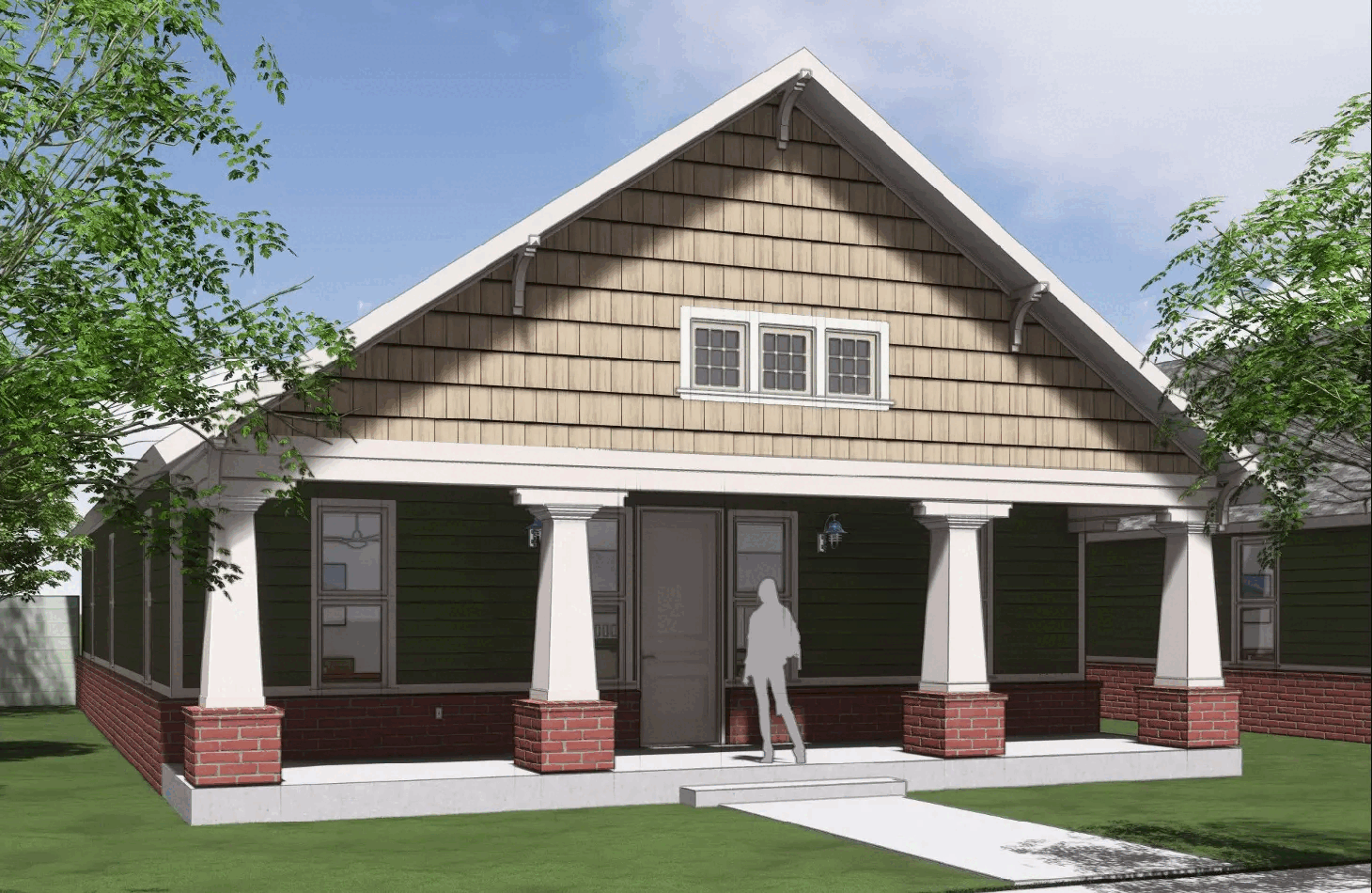 Craftsman-style house with tan shingle gable, dark green siding, red brick base, white columns, and a front porch, surrounded by green trees and lawn under a clear sky.