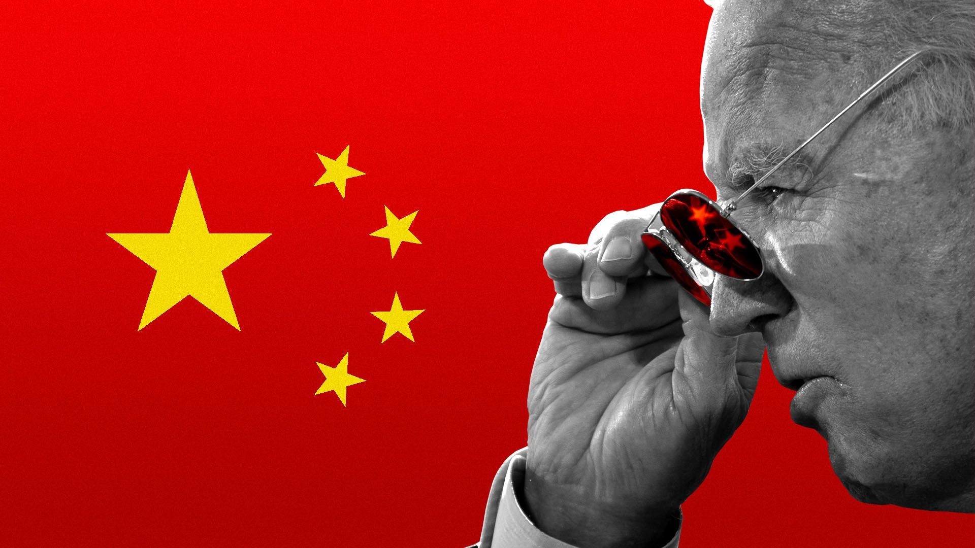 Photo illustration of Biden taking down his aviator sunglasses to glare at the stars in the Chinese flag