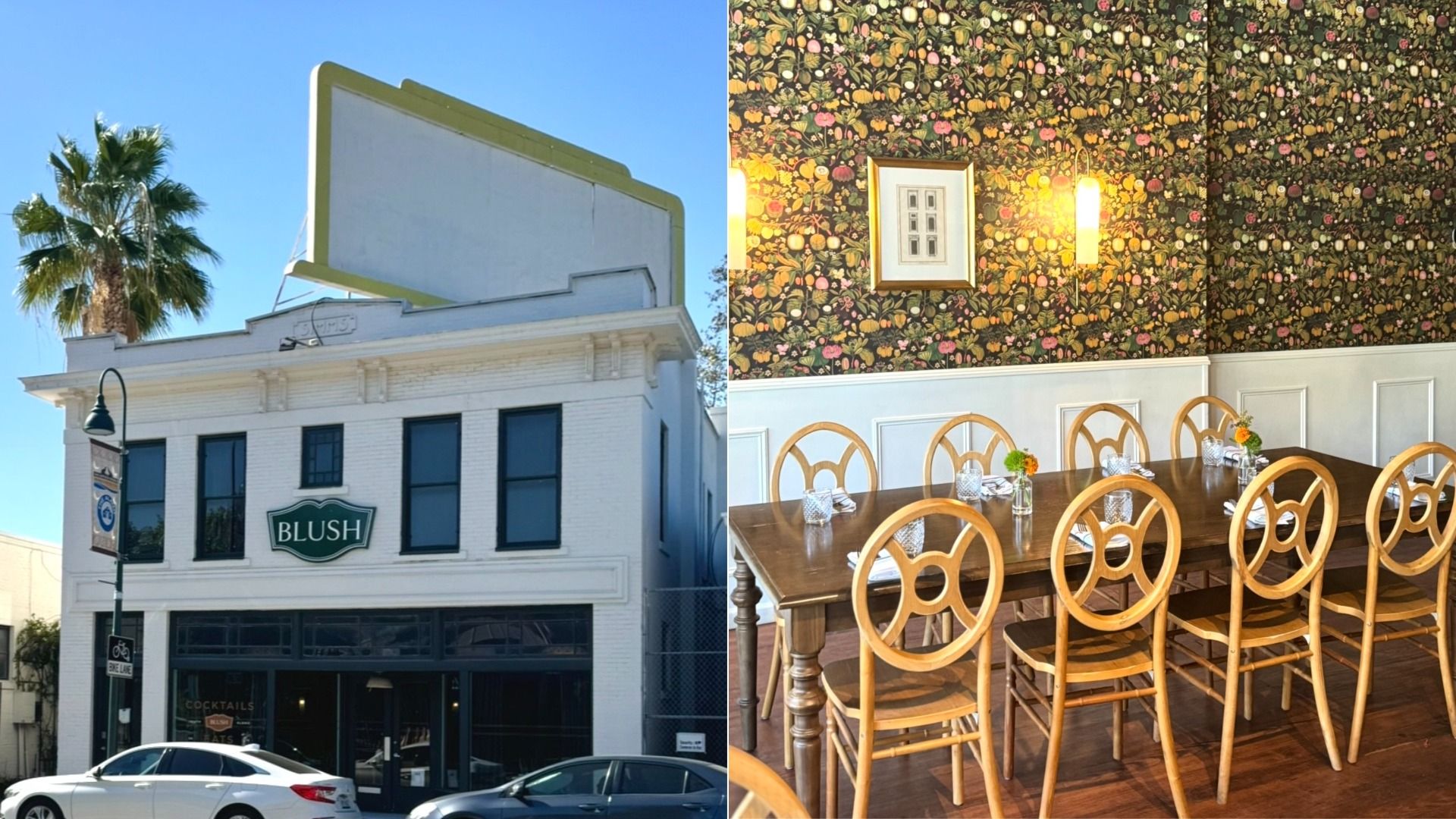 Left: White two-story building with black-trimmed windows and a green sign reading "BLUSH" under a blank billboard. Right: Dining room with wooden chairs, a long table, colorful floral wallpaper, framed art, and pendant lights.
