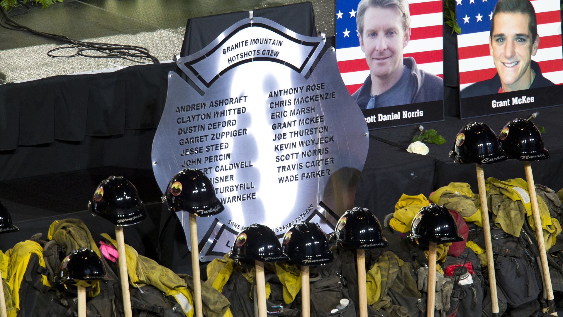 A plaque honoring the fallen Granite Mountain Hotshots. 