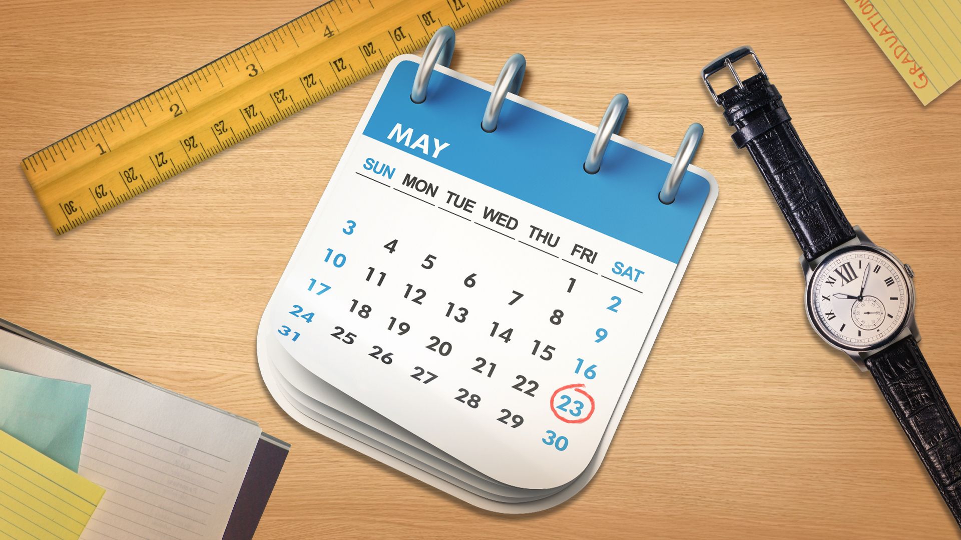 Illustration of a desk featuring a ruler, watch, and calendar
