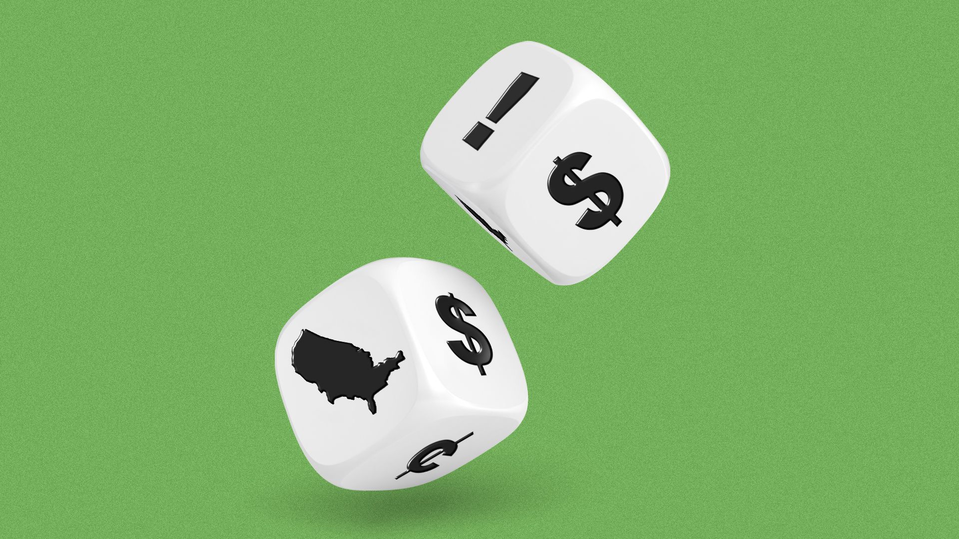 Illustration of two dice with dollar and cent signs, exclamation points and an outline of America along each side